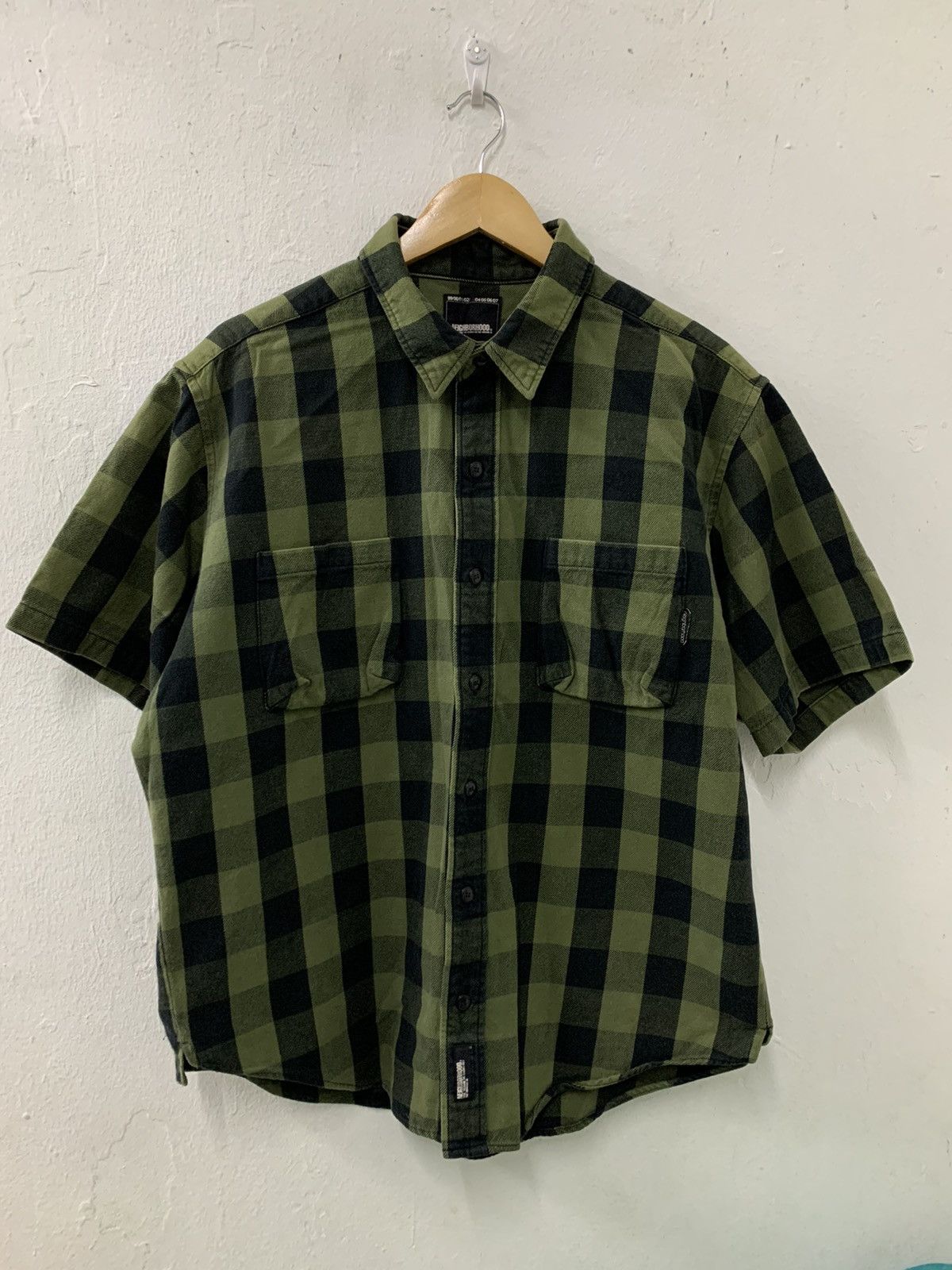 image of Vintage Y2K Neighborhood Flannel Short Sleeve in Flannel Green Black, Men's (Size Medium)