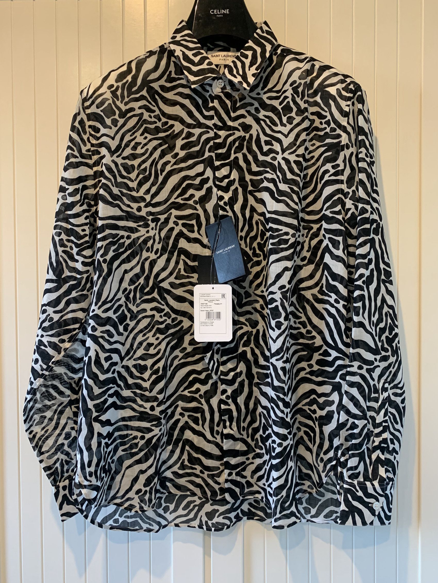 Saint Laurent Paris SS'20 Shirt Zebra Print Wool Batiste Size US L / EU 52-54 / 3 - 1 Thumbnail