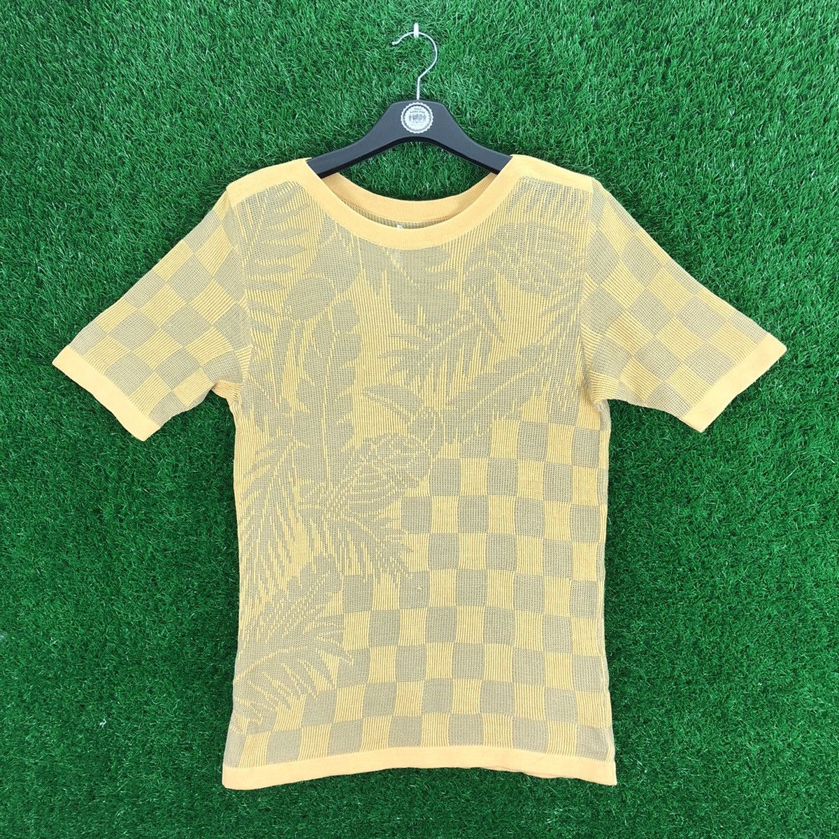 image of Vintage 80's Lace Knit Checker Habitat Tee By Toute La Terre in Yellow, Men's (Size Small)