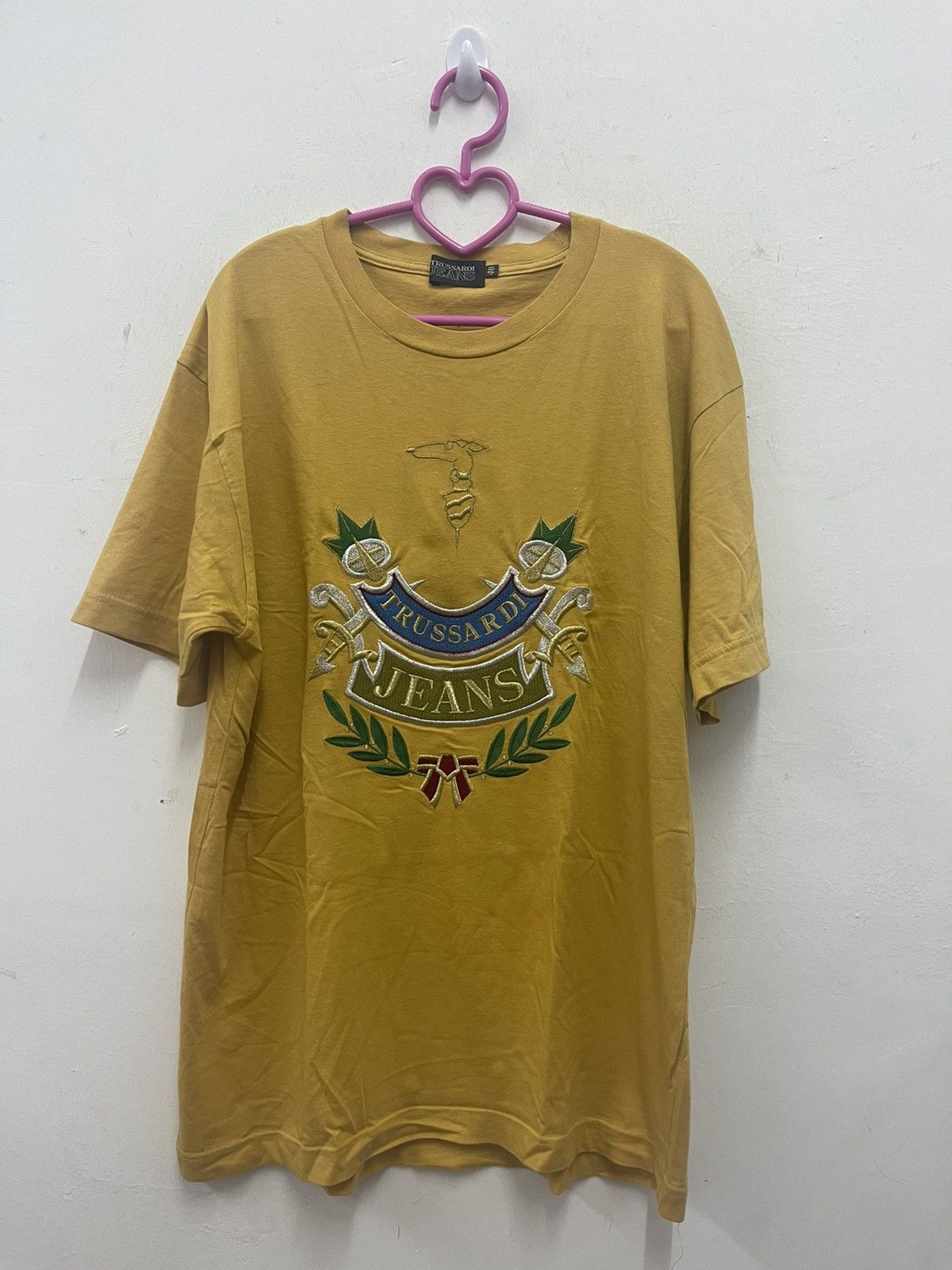 image of Trussardi Spell Out Big Logo Gold Sewn Shirt in Yellow, Men's (Size Medium)