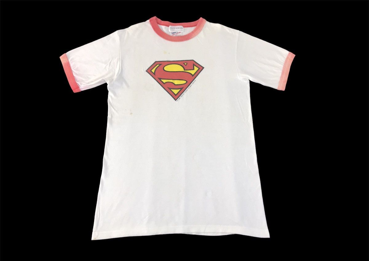 image of 90's Dc Comics Superman Character Hero Big Logo Ringer in White, Men's (Size Small)