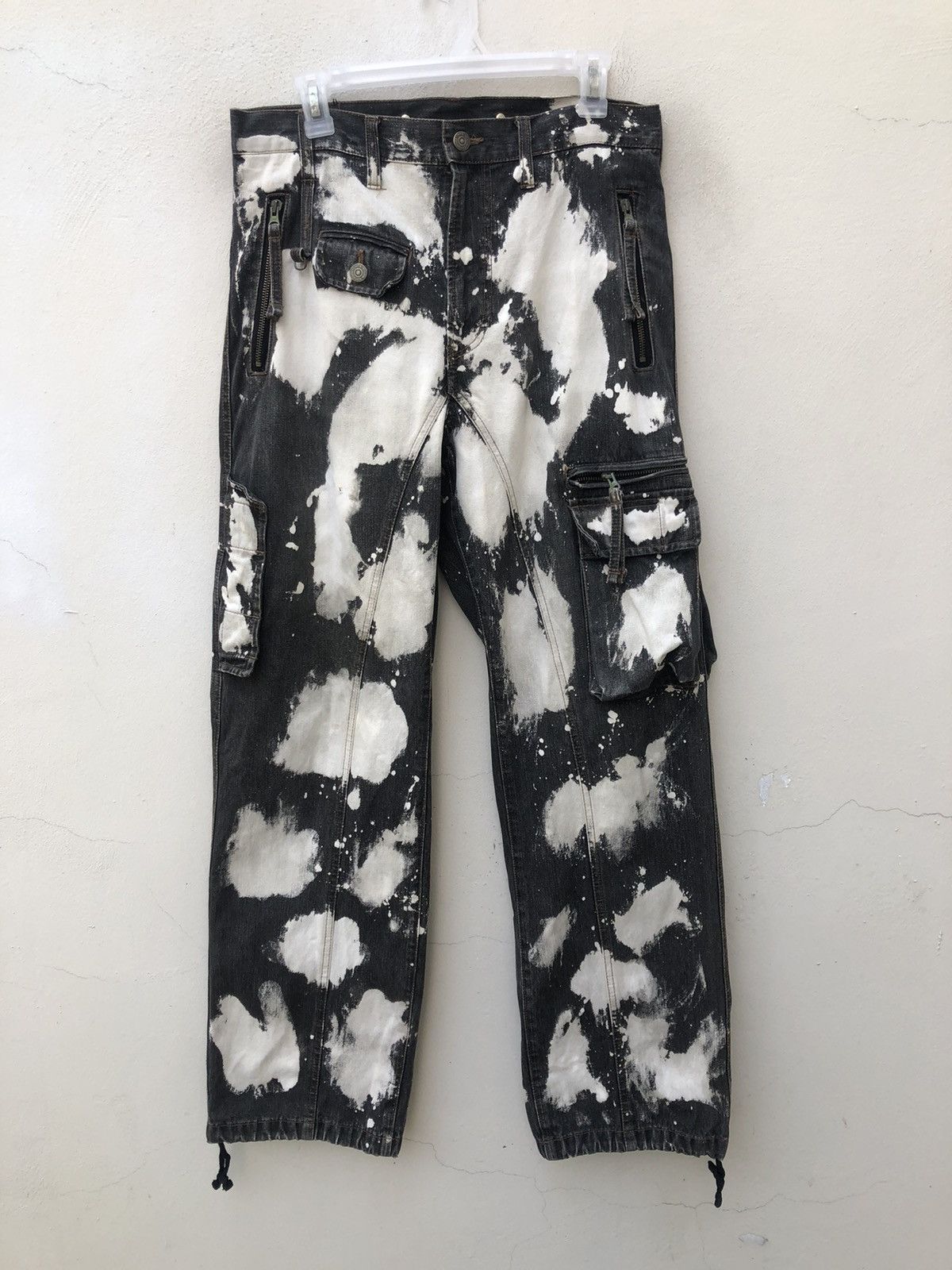image of Ppfm Drawstring Hem Multi Pocket Bleached Cargo Denim Pant, Men's (Size 32)