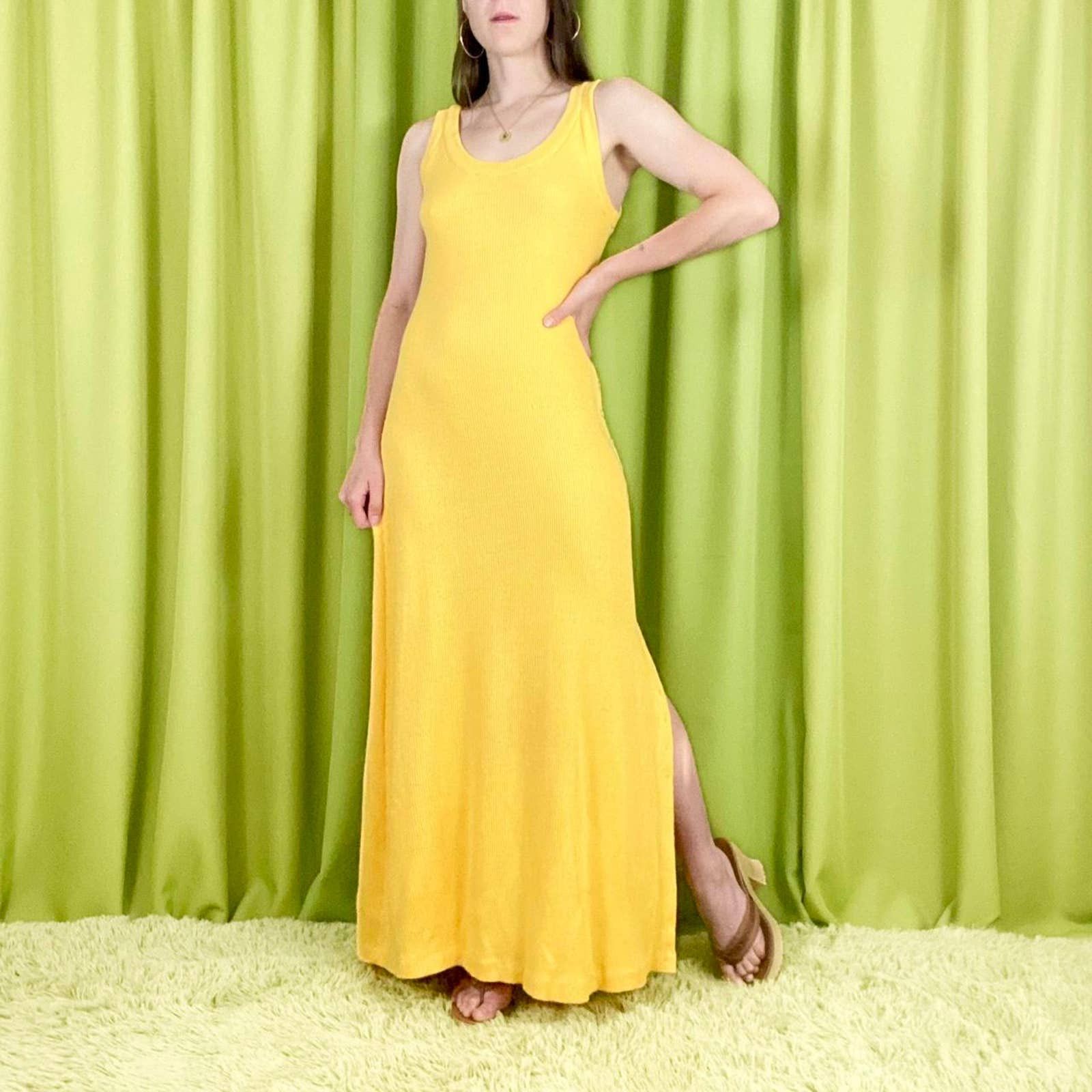 70s Vintage Bright Yellow Rib Knit Slit Button Up Maxi Dress - Main Image