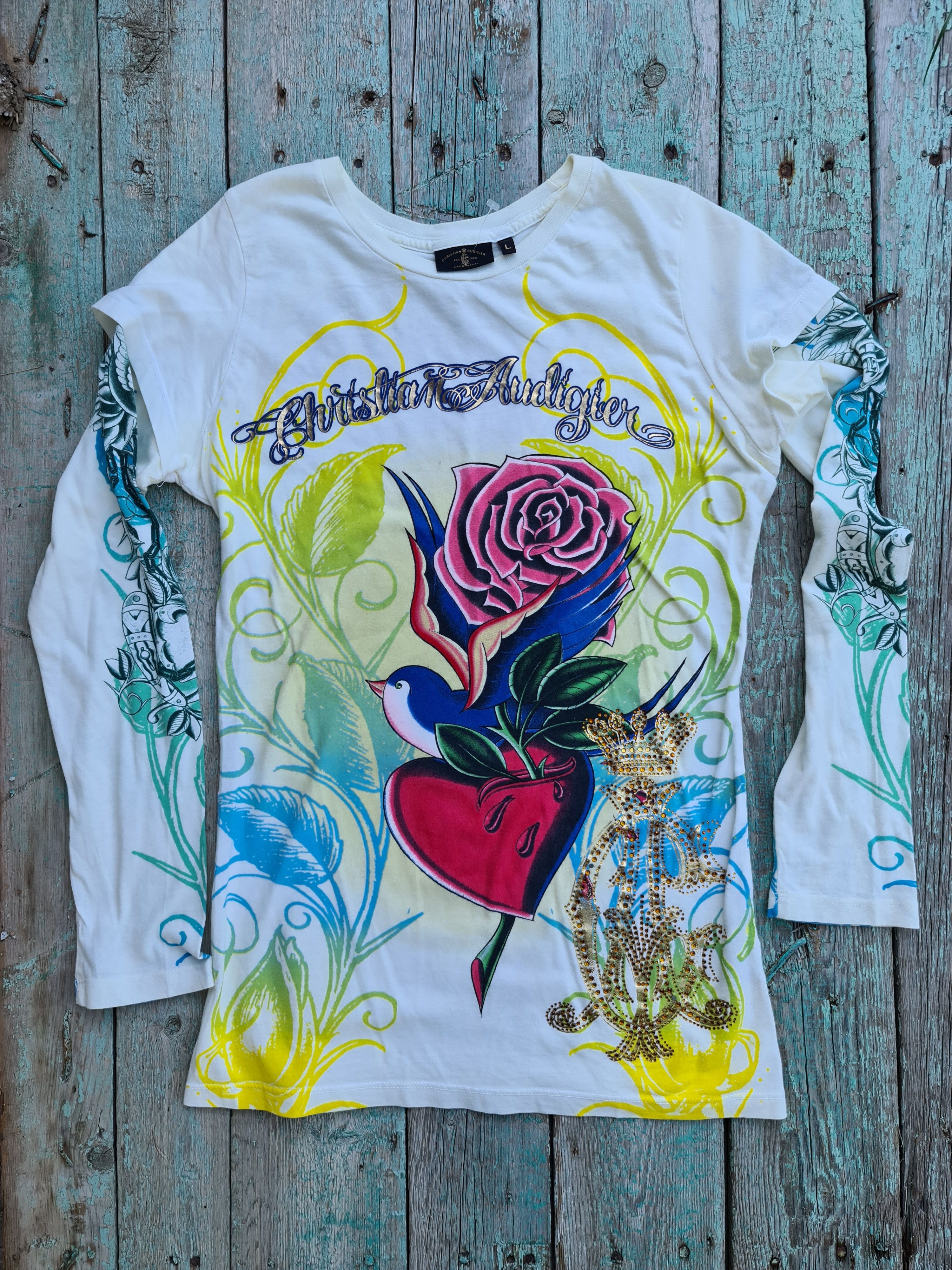 Christian Audigier Vintage Christian Audigier Longsleeve Shirt All Over Print Size L / US 10 / IT 46 - 1 Thumbnail