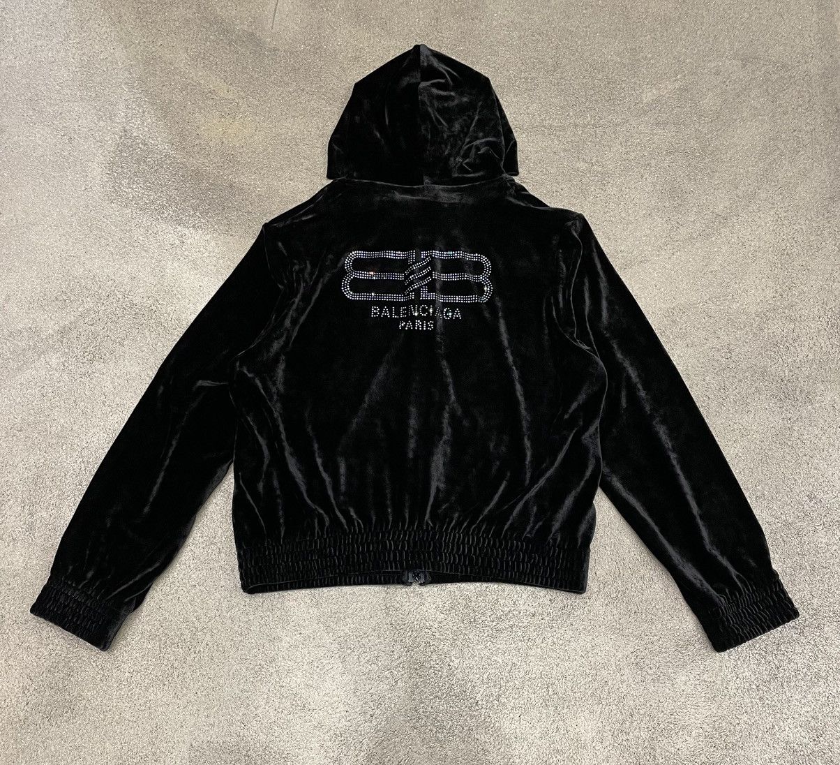 image of Balenciaga Bb Paris Strass Logo Velvet Zip Up Hoodie in Black, Men's (Size Medium)