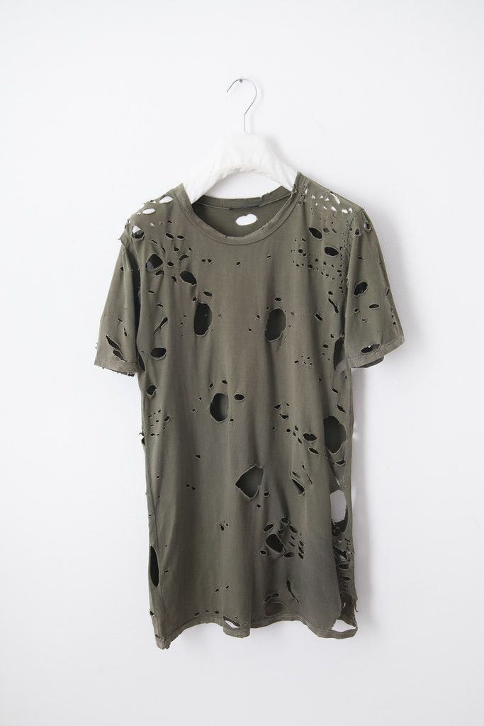 image of Balmain Ss10 Destroyed Military T-Shirt in Khaki, Women's (Size Small)