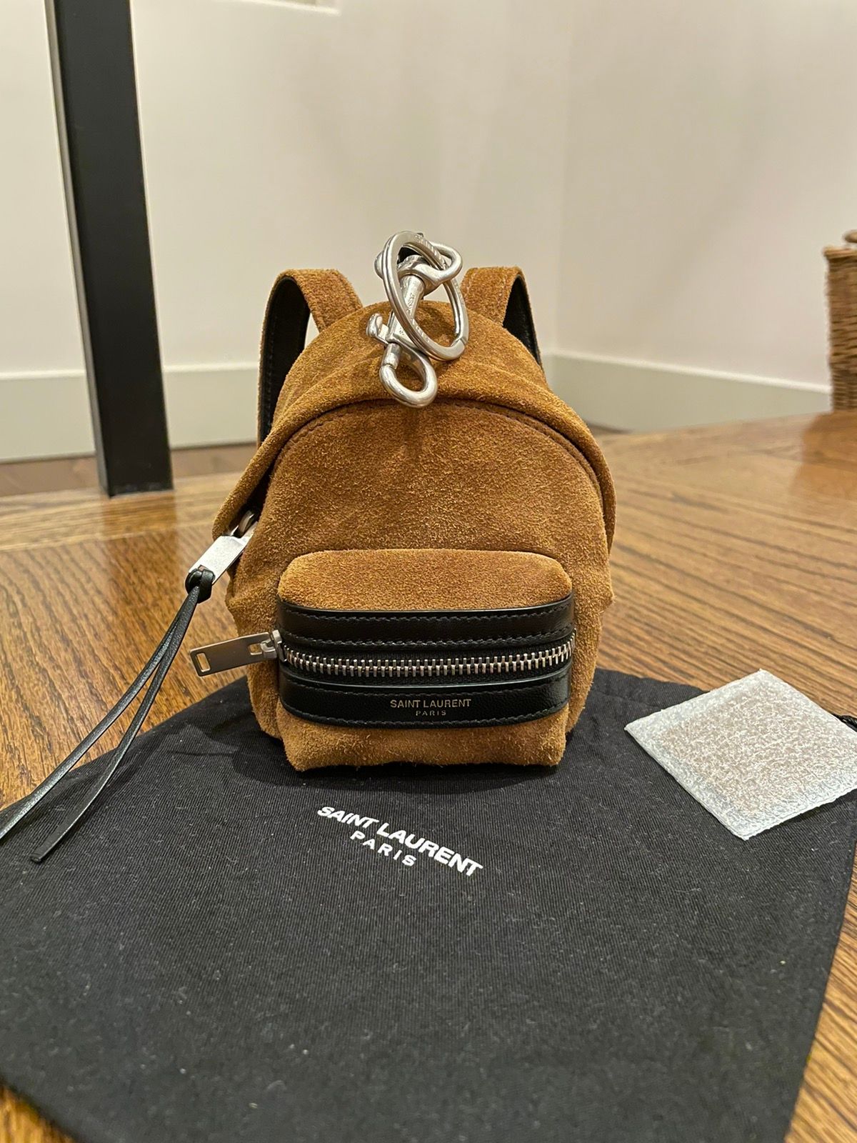 Pre-owned Saint Laurent Hunting Backpack “toy” Key Ring / Pouch / Airpod Holder In Tan