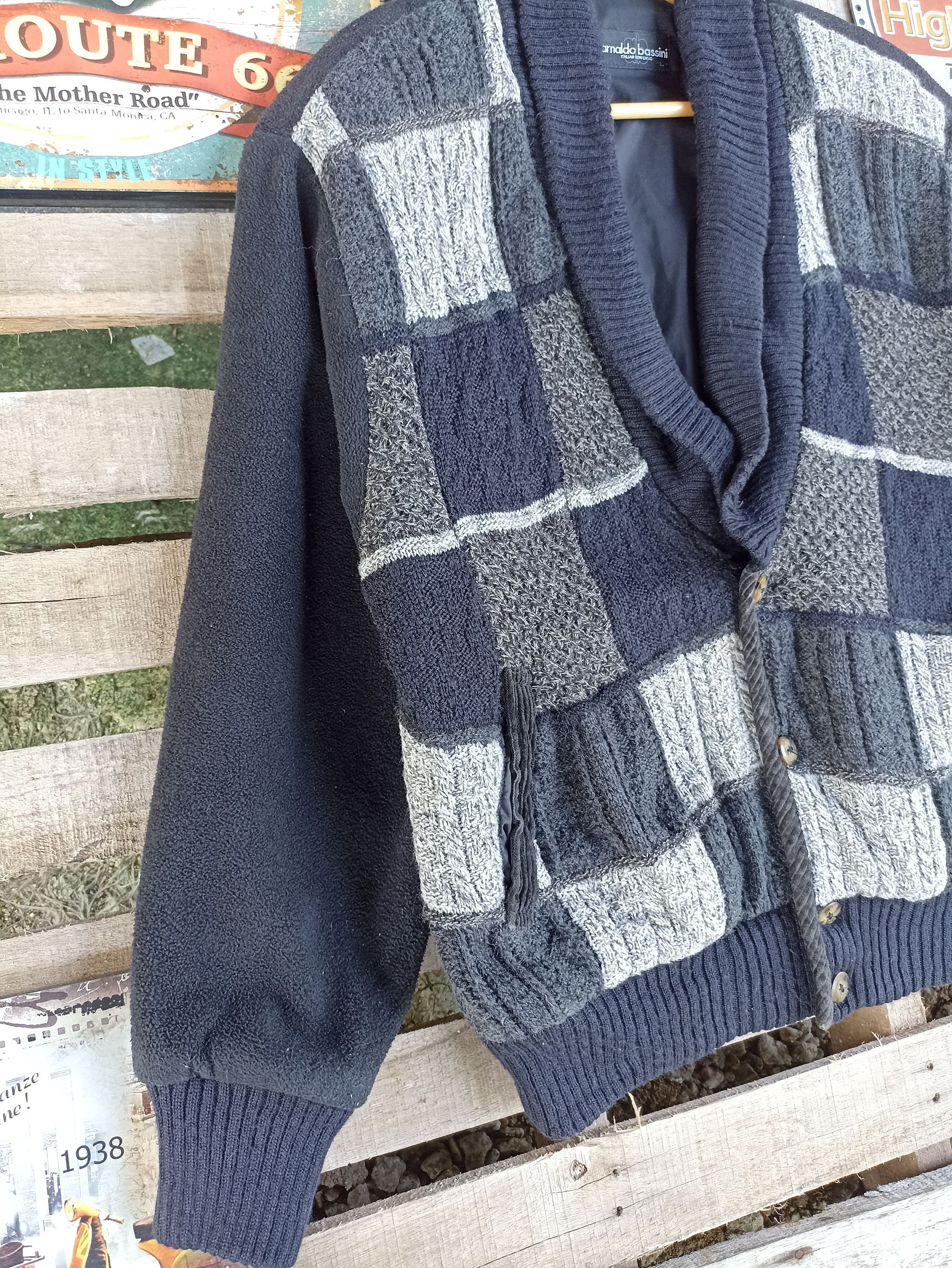 Japanese Brand × Vintage Vintage Analdo Bassini Fleece Knit Patchwork Cardigan Size US L / EU 52-54 / 3 - 4 Thumbnail