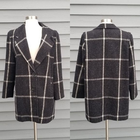 Vintage 70s Miss New Yorker Wool Blend Windowpane Plaid Coat