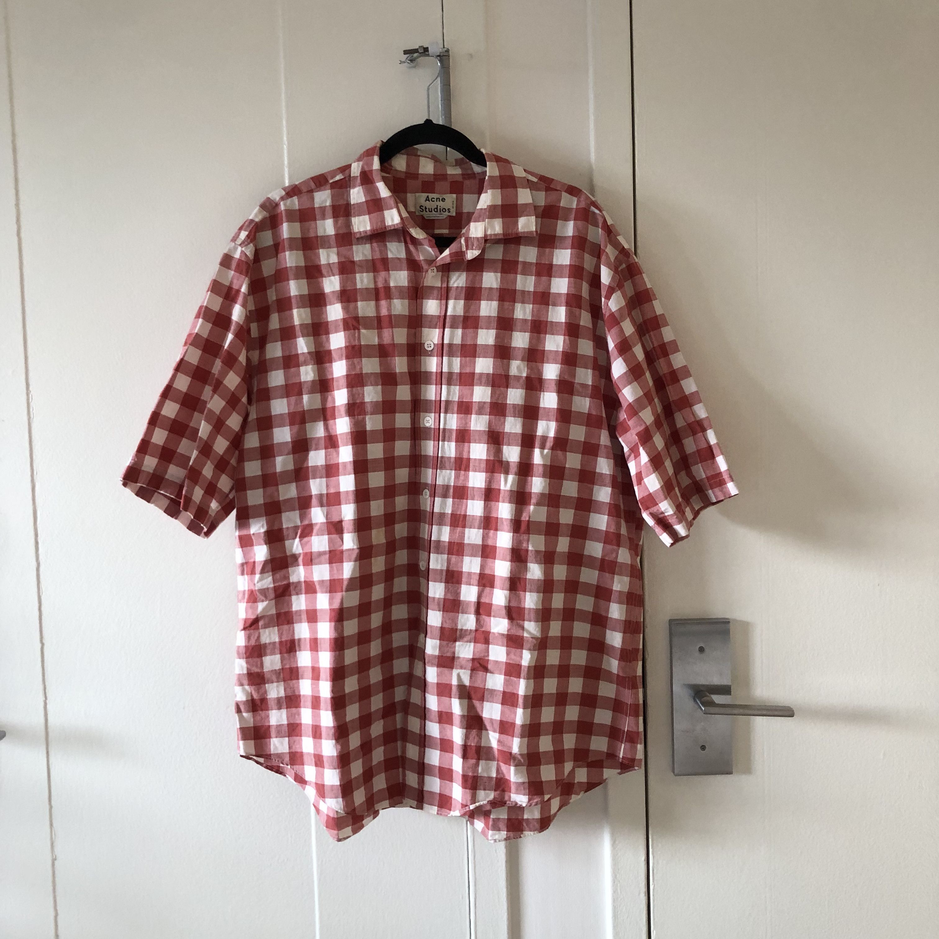 image of Acne Studios Checkered Short Sleeve Button Up in Red/White, Men's (Size XL)