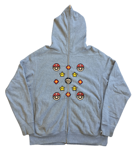 image of S/s 2008 Bape Mario To Milo Full Zip Hoodie in Grey, Men's (Size Large)