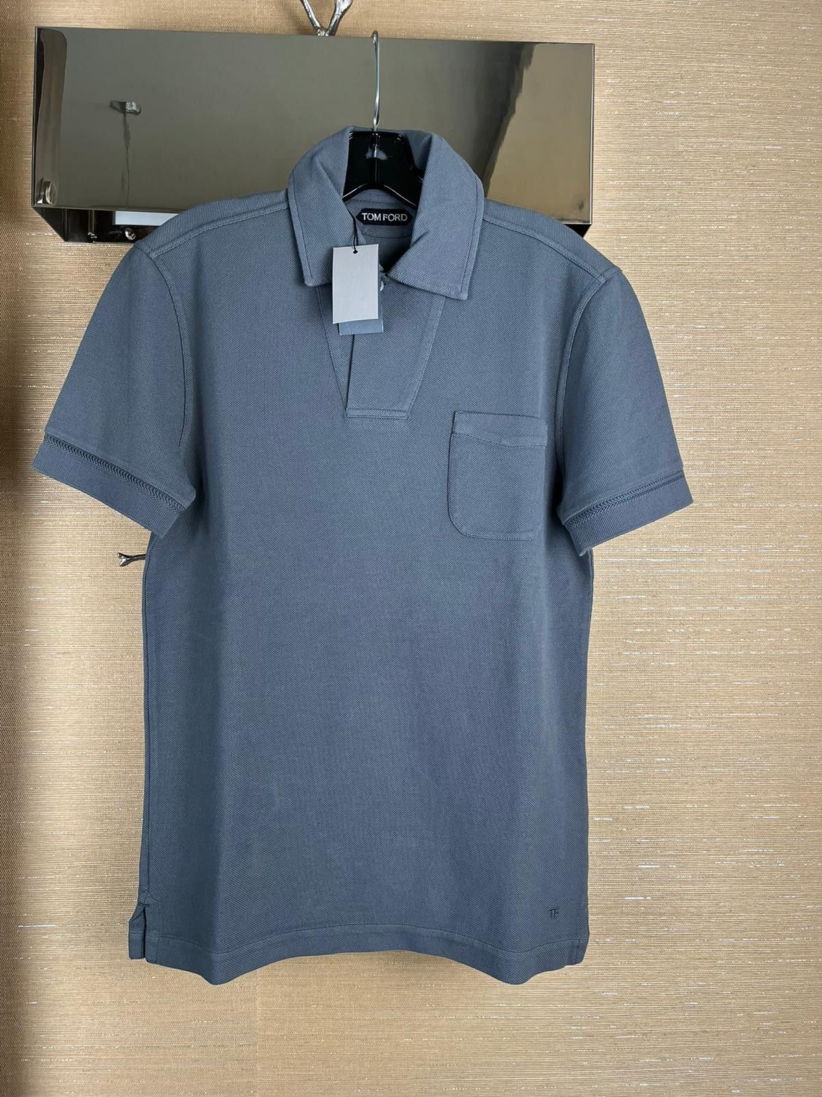 image of Tom Ford Classic Polo Shirt With Embroidered Logo In Slate Blue, Men's (Size Medium)