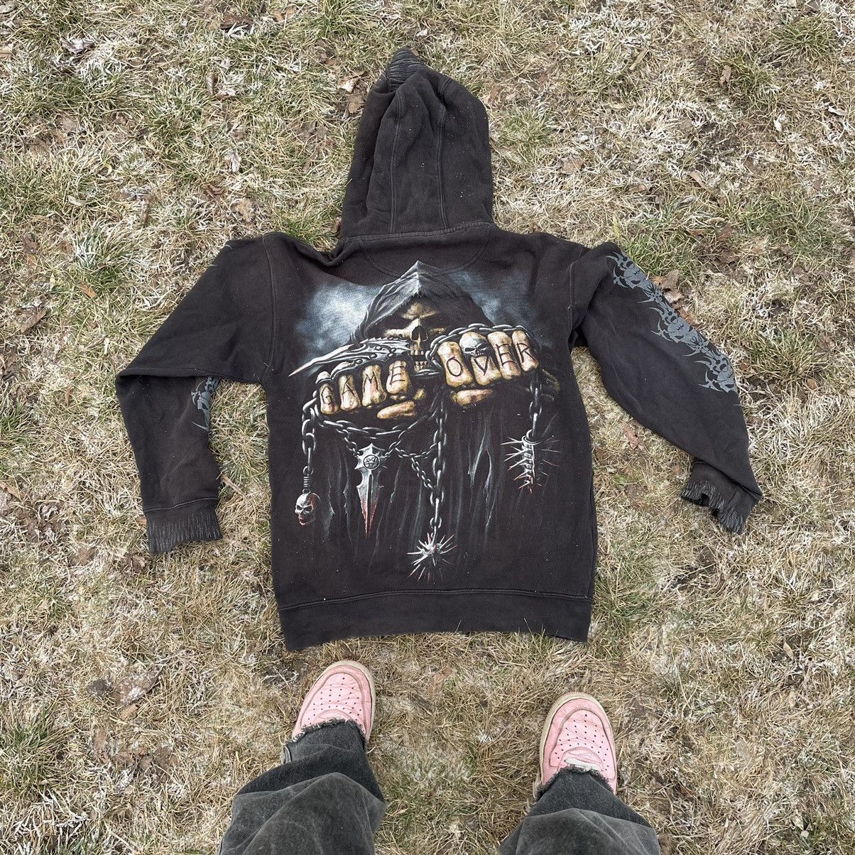 Vintage Vintage Y2K Goth Skull Graphic Hoodie Faded Black Boxy S Size US S / EU 44-46 / 1 - 12 Thumbnail