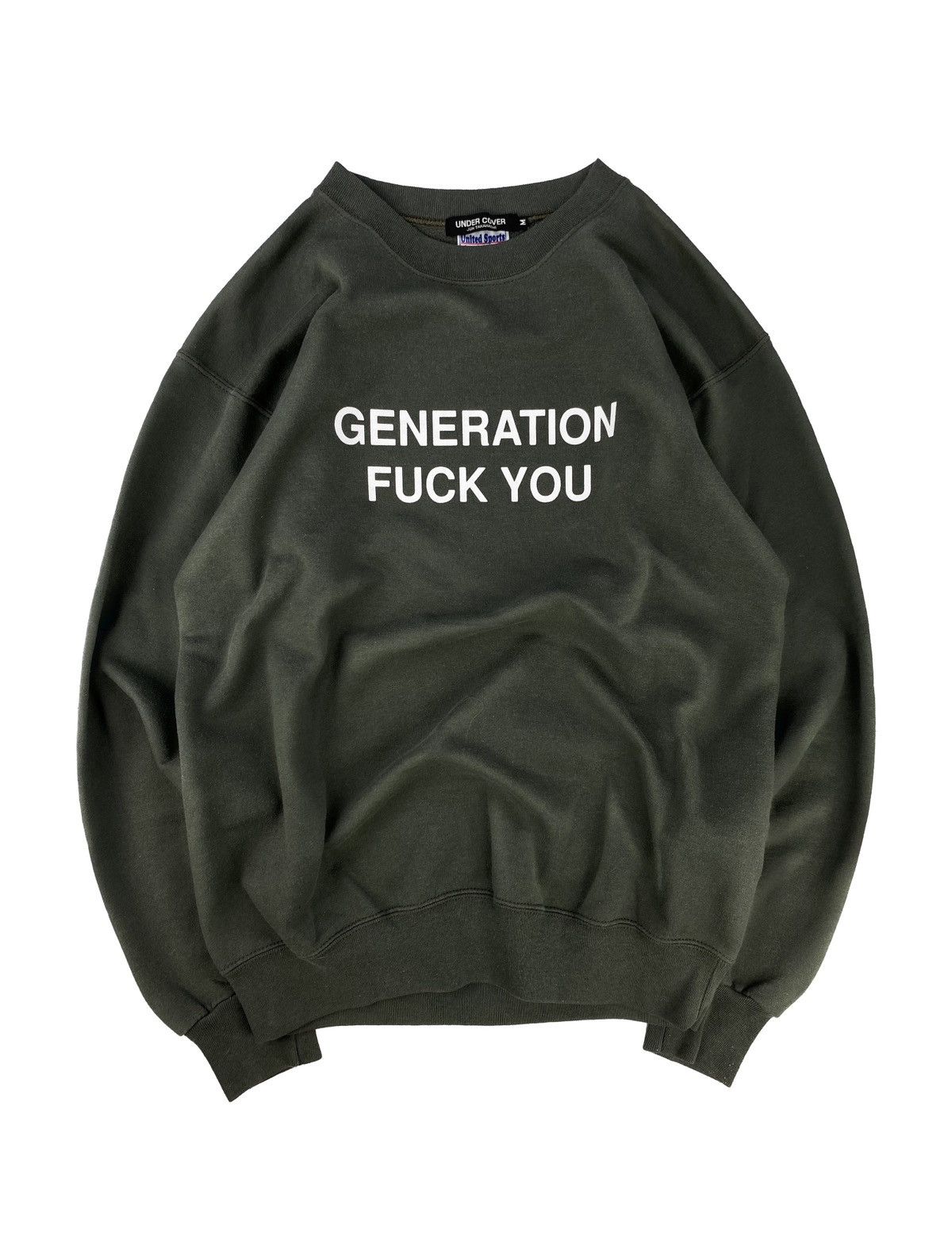 image of Ss02 Undercover ‘Generation Fuck You’ Slogan Crewneck in Grey/Green, Men's (Size Medium)