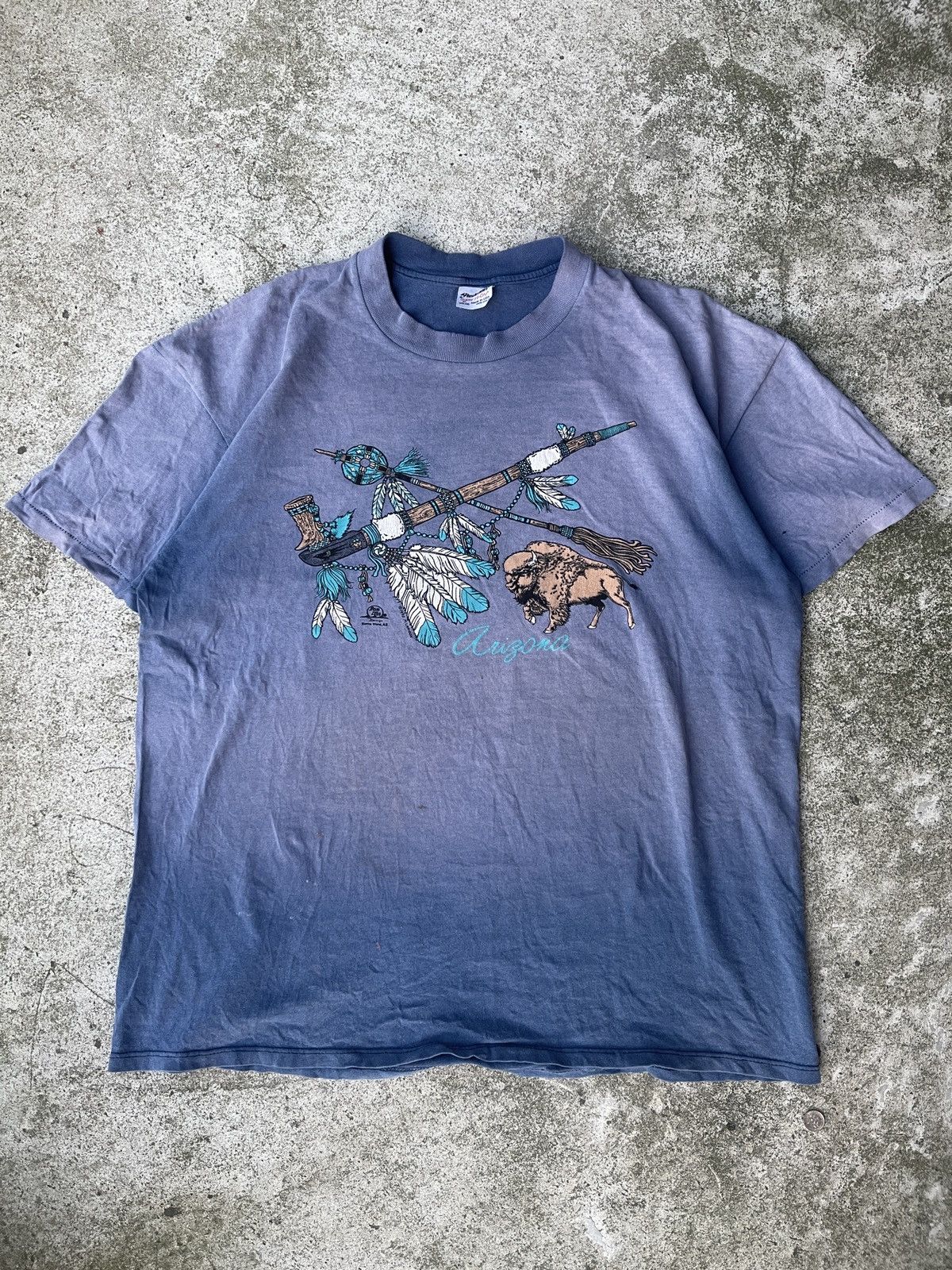 image of Vintage 90's Thrashed Faded Native American Feather Pipe Tee in Blue, Men's (Size XL)