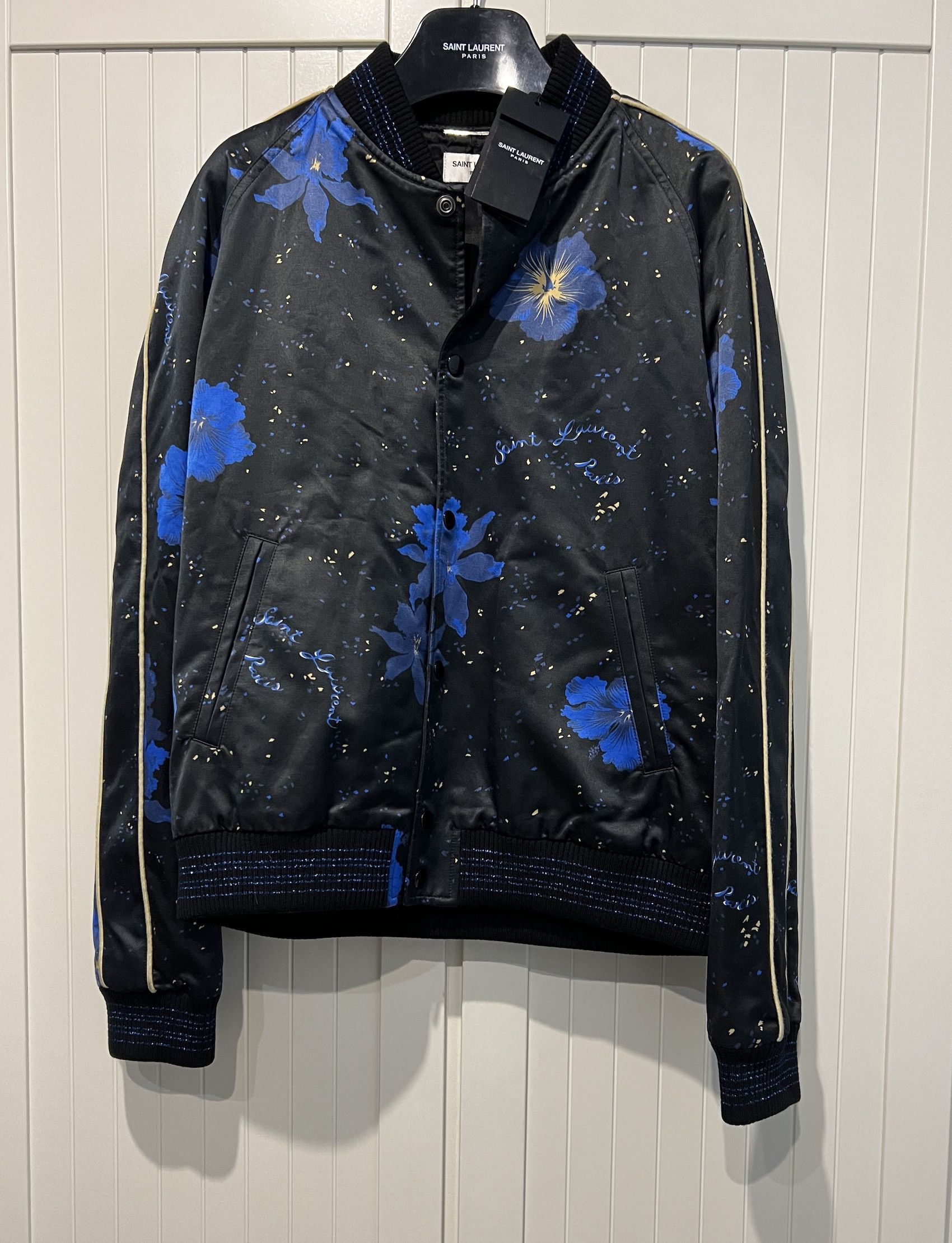 image of Saint Laurent Paris Ss'21 Jacket Teddy Hibiscus Print in Black Blue, Men's (Size Medium)