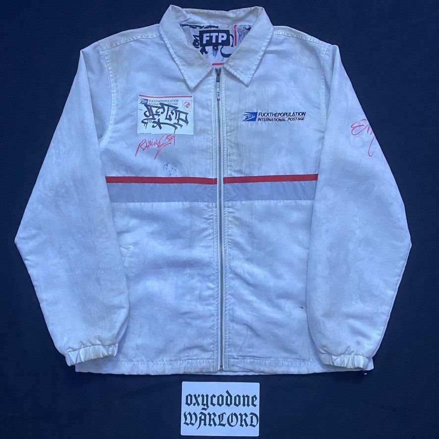 image of Fuck The Population x G59 Records Autographed Signed Zacftp + Ramirez Ftp Postal Coach Jacket in Wh