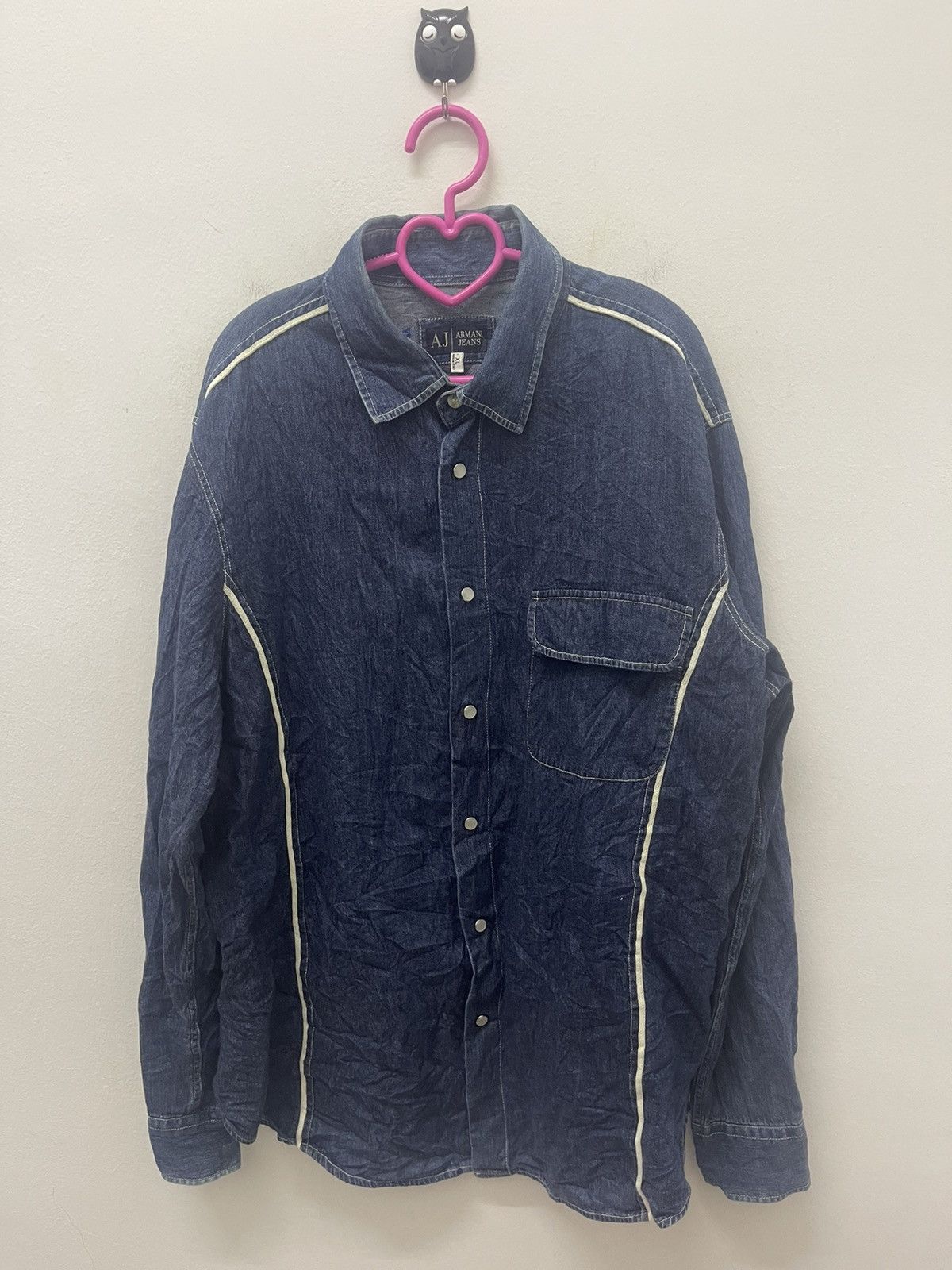 image of Vintage Armani Jeans Aj Indigo Denim Jeans Shirt in Blue Denim, Men's (Size XL)