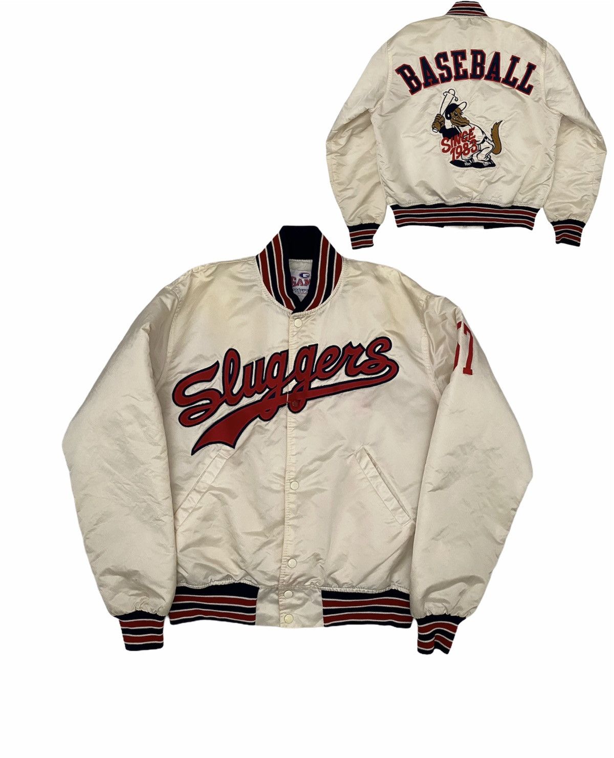image of Mlb x Varsity Jacket Vintage Slugger 1983 Made Usa Satin Bomber Jacket in White Cream (Size Large)