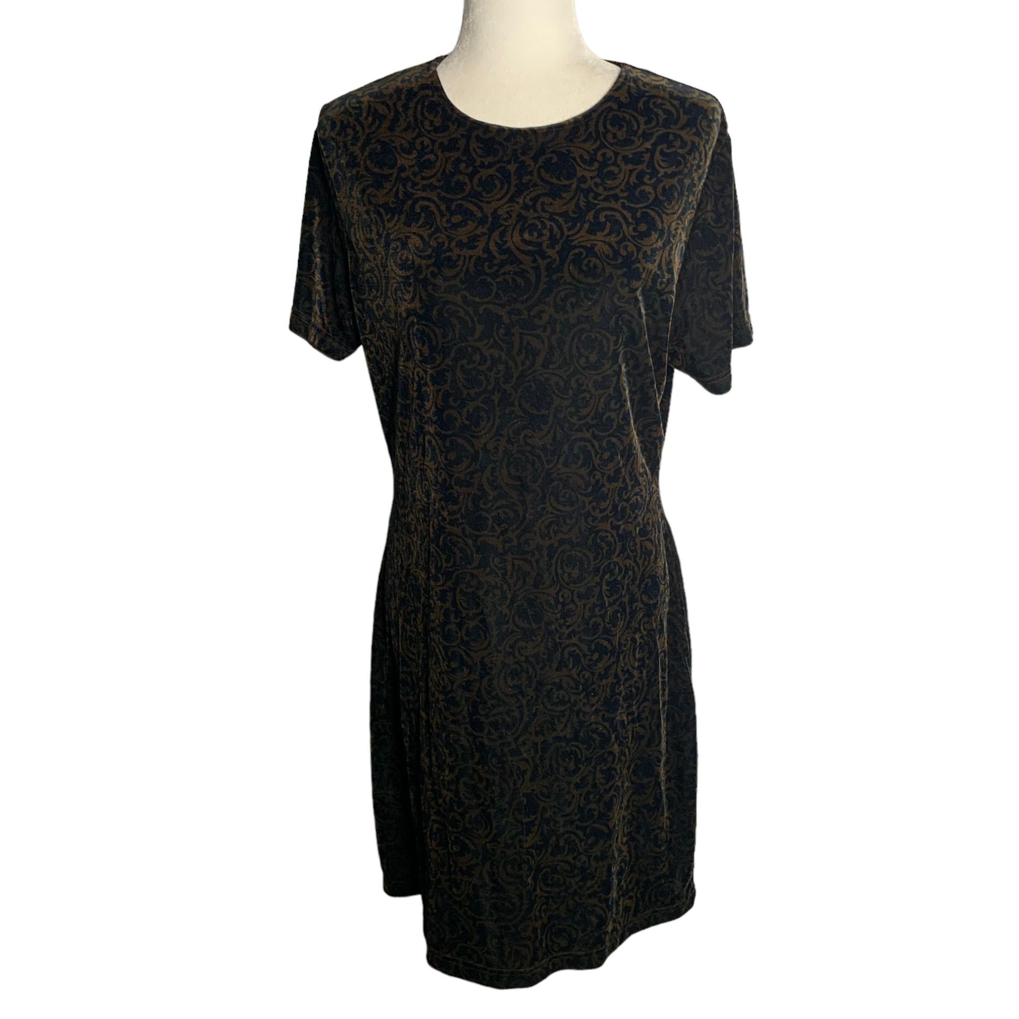 Merona Vintage 90s Velvet Sheath Dress M Black Brown Swirls Short S ...