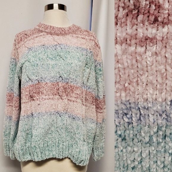 Vintage 90s y2k Pastel Kawaii Striped Chenille Sweater Lg