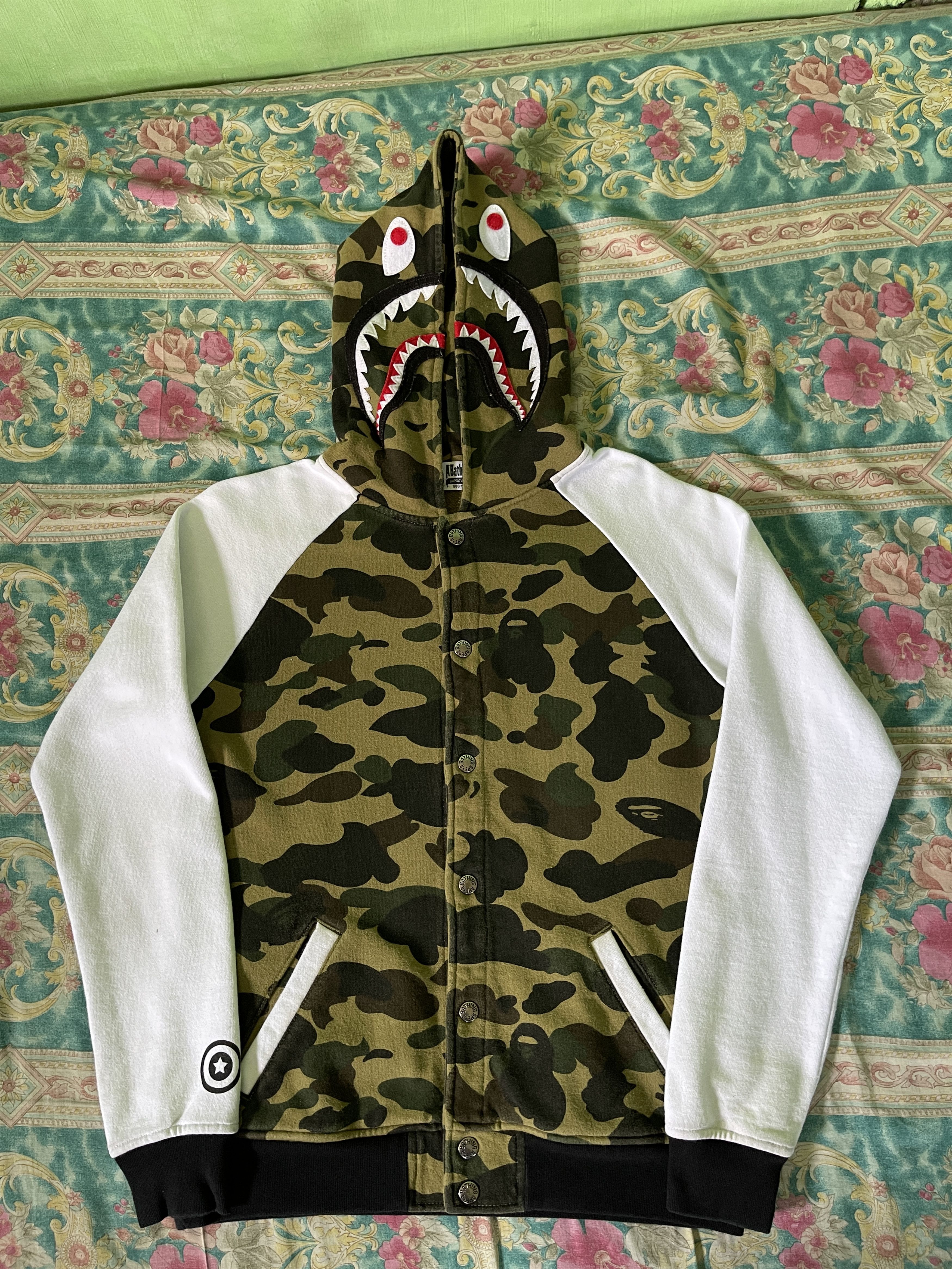 image of Bape Shark Varsity White Green Camo in White/Green Camo, Men's (Size Small)