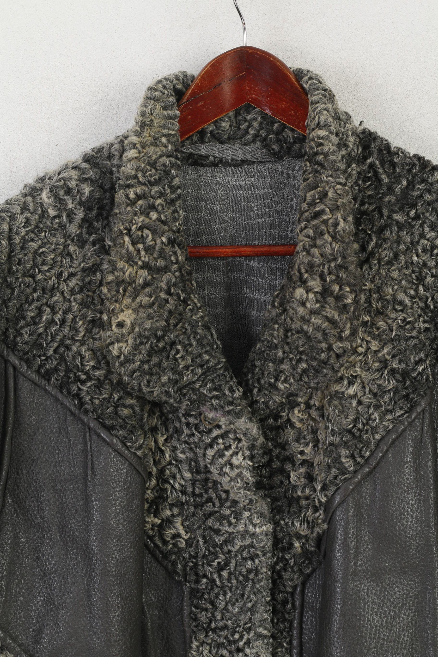 Vintage Women L Jacket Gray Leather Fur Puff Sleeve 2247