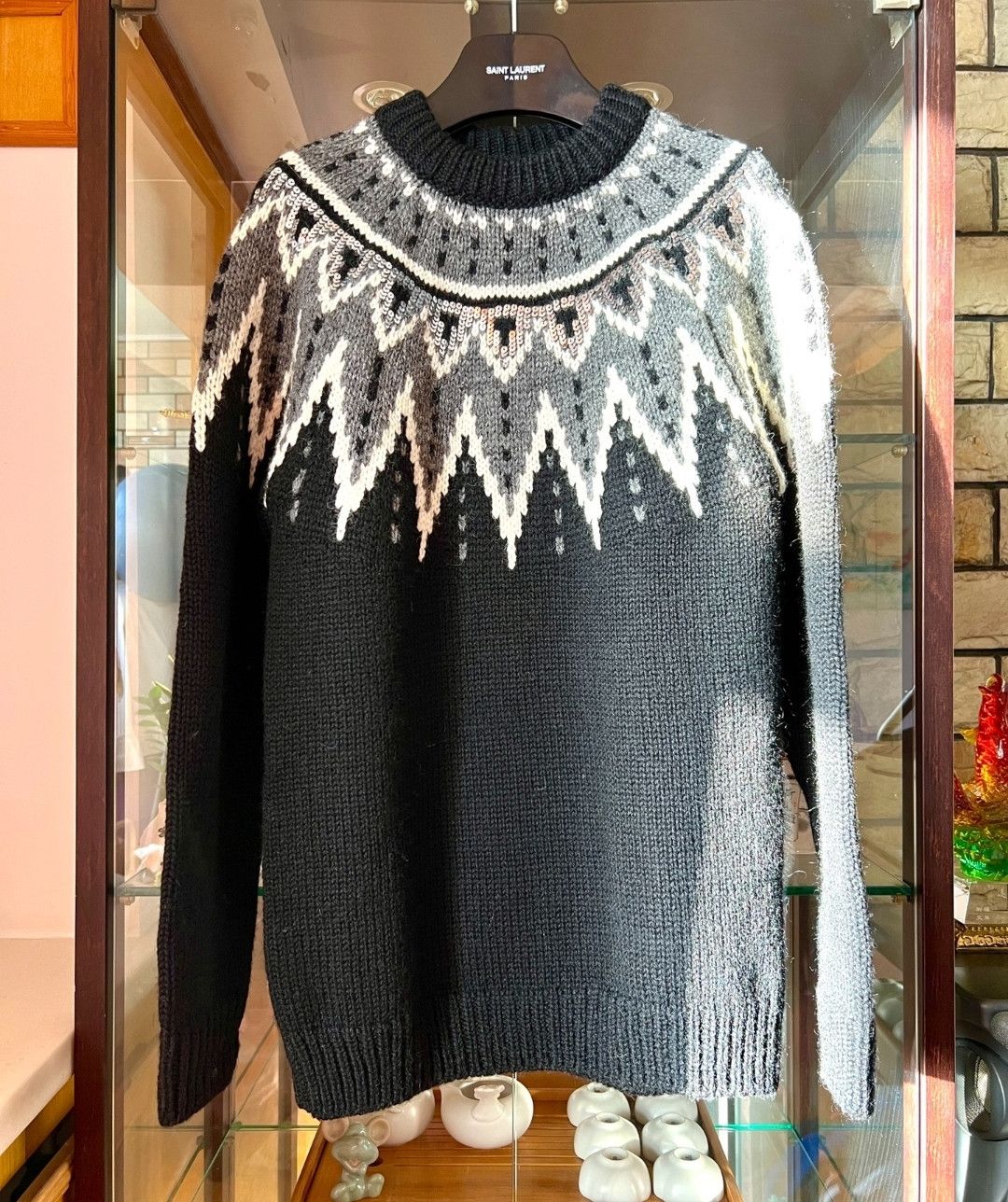 saint laurent Black and Gray Ethnic Wool Sweater