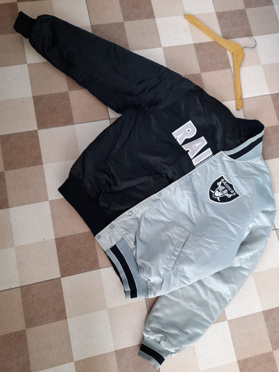 image of Bomber Jacket x Starter Reversible Los Angeles Raiders Vintage Starter Satin Jacket in Black/Silver