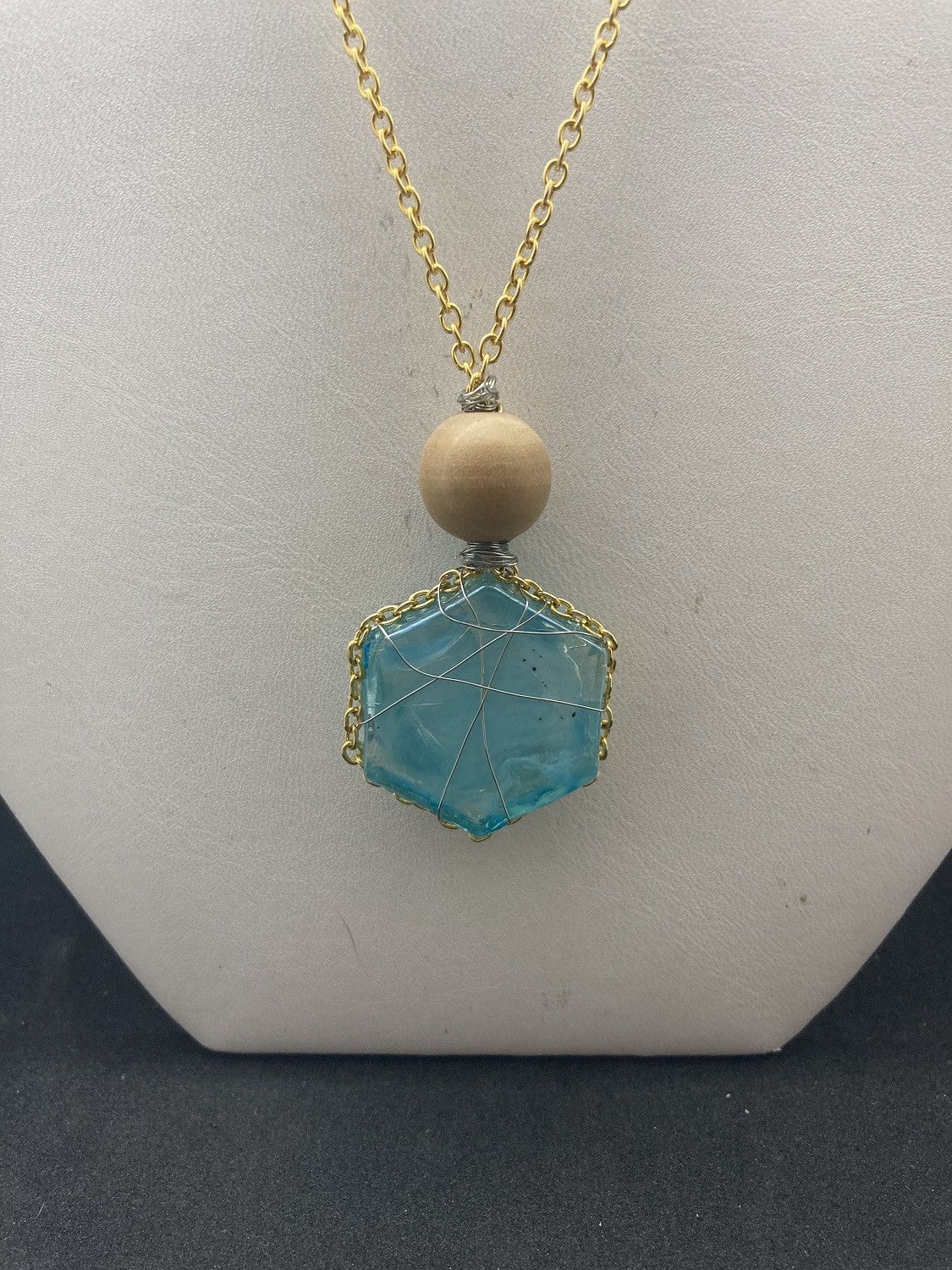 Handmade Teal Glass wired Gold chain necklace with wood bead Size ONE SIZE - 3 Thumbnail