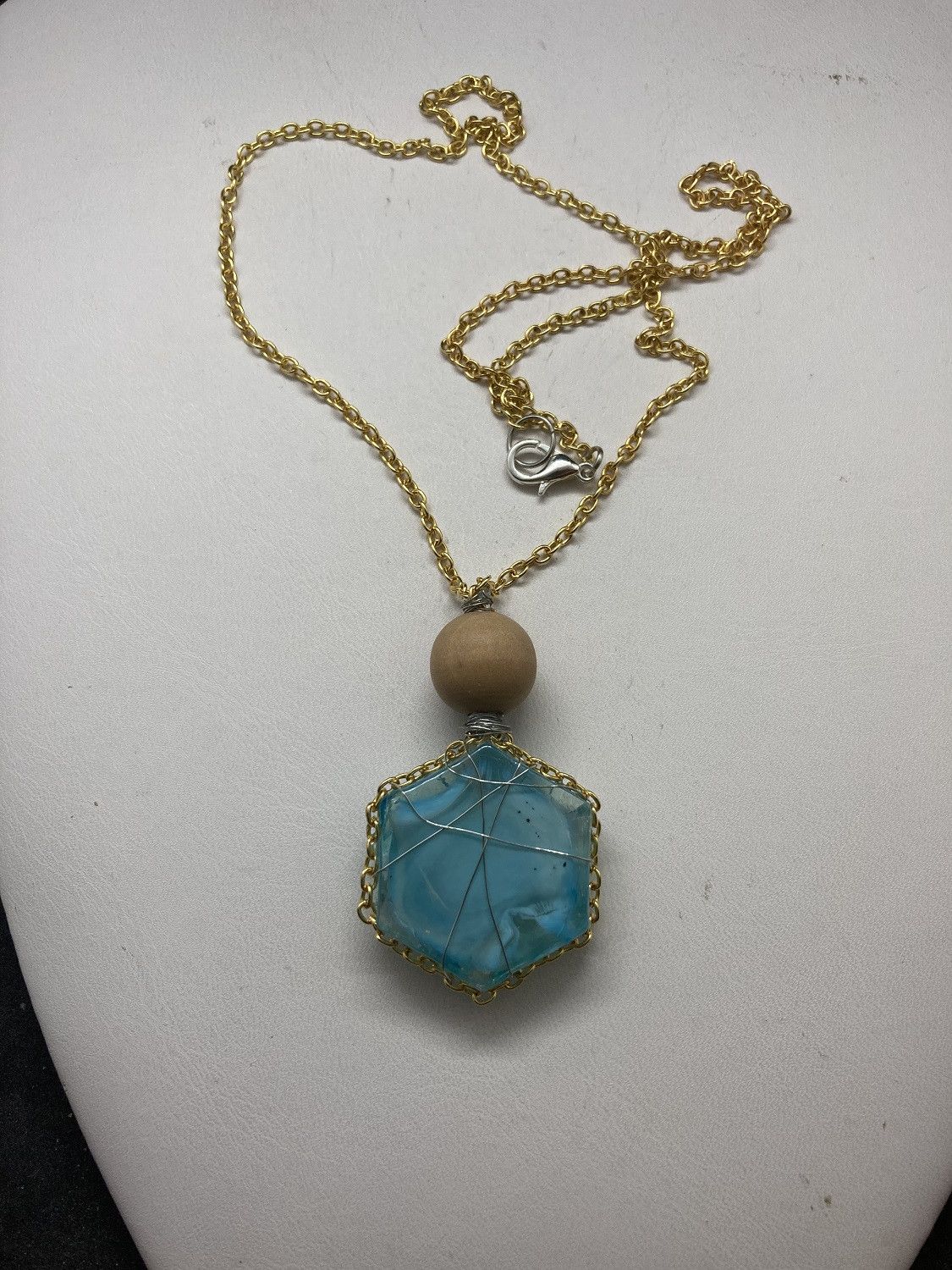 Handmade Teal Glass wired Gold chain necklace with wood bead Size ONE SIZE - 4 Thumbnail