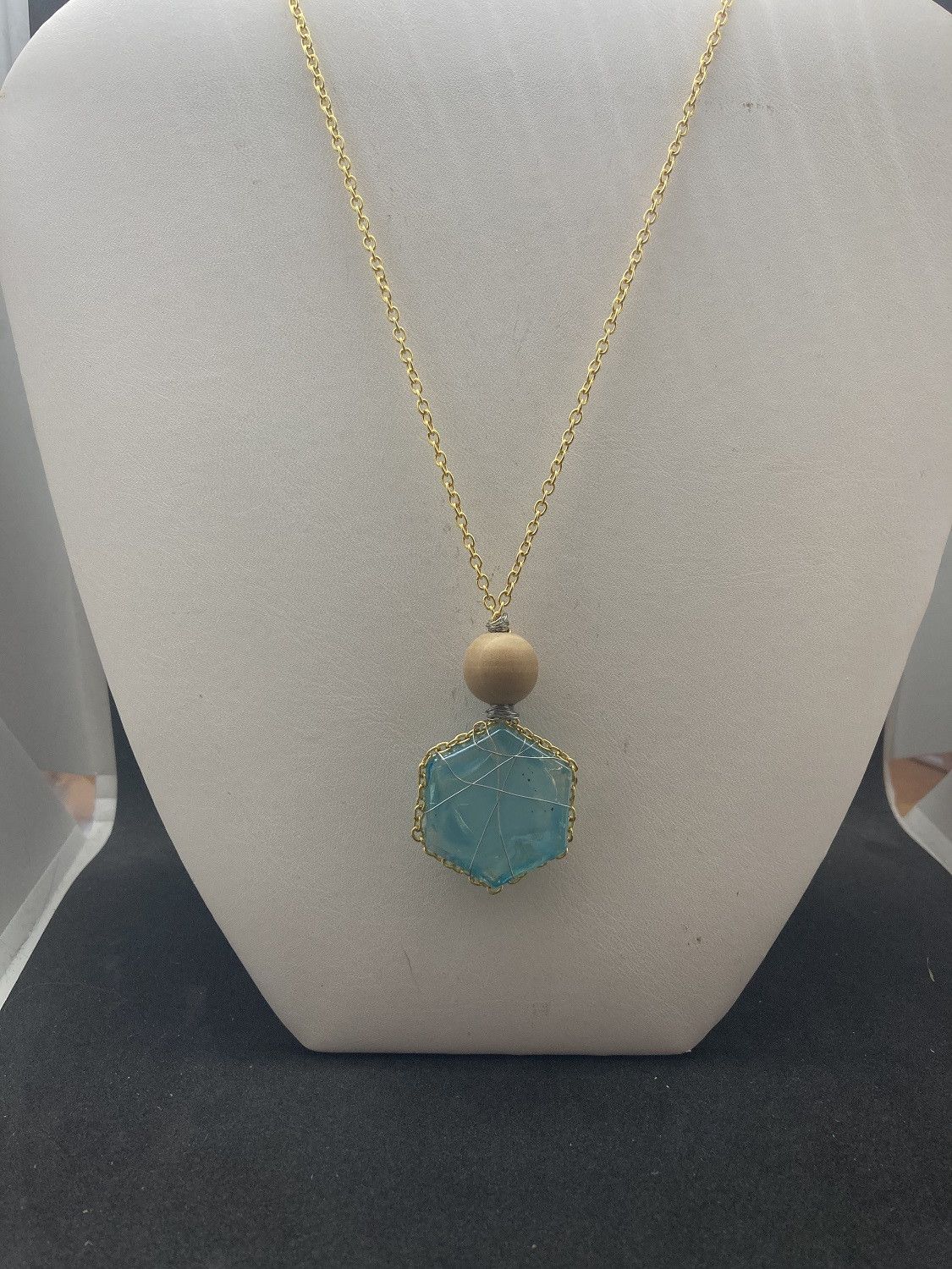 Handmade Teal Glass wired Gold chain necklace with wood bead Size ONE SIZE - 1 Thumbnail