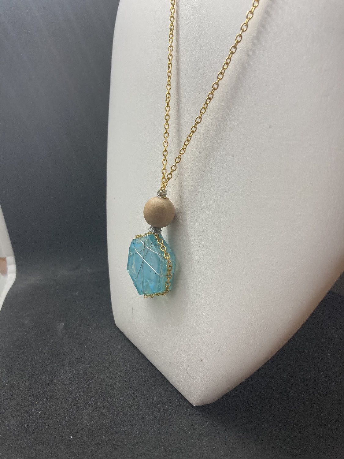Handmade Teal Glass wired Gold chain necklace with wood bead Size ONE SIZE - 2 Thumbnail