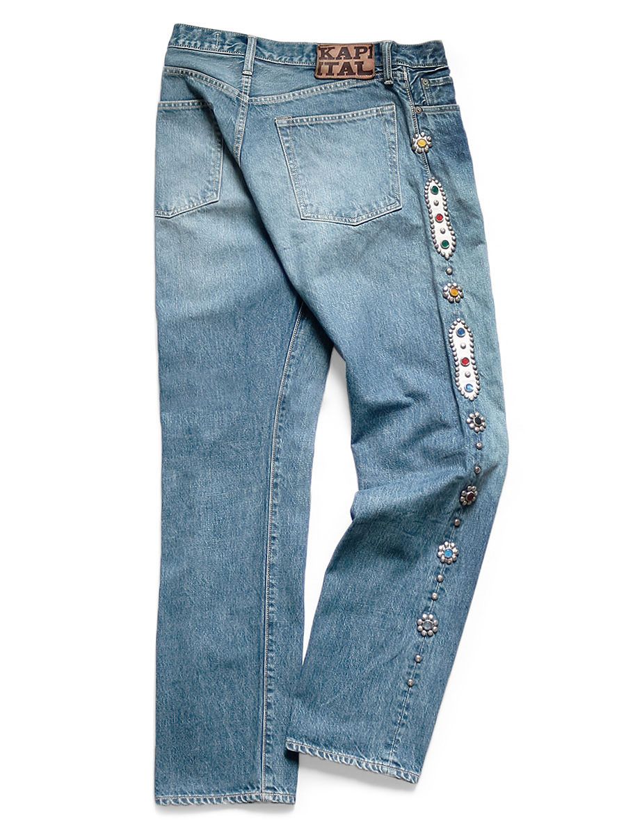 image of Kapital Monkey Cisco Gem Stone Studded Denim Pants in Blue, Men's (Size 30)