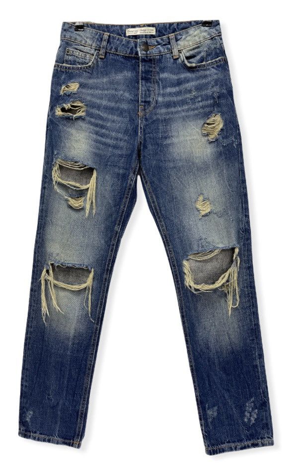 image of Bershka VTG Inspired Ripped Thrashed Distressed Denim in Blue Denim, Men's (Size 27)