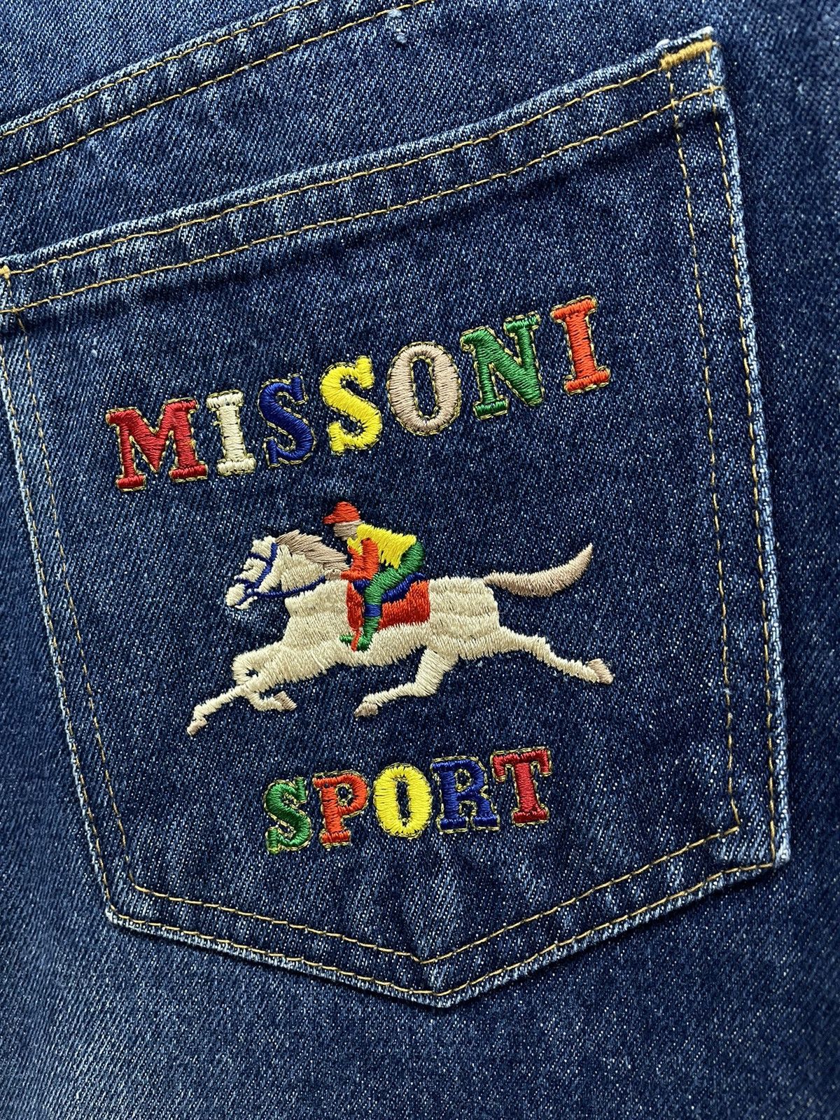 image of Italian Designers x Missoni Dope! VTG Beautiful Multicolour Embroidery High Waist Denim in Blue (Si