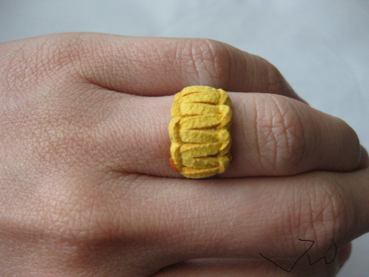 Handmade Yellow Leather Stainless Steel Ring - size 4 Size ONE SIZE - 4 Thumbnail