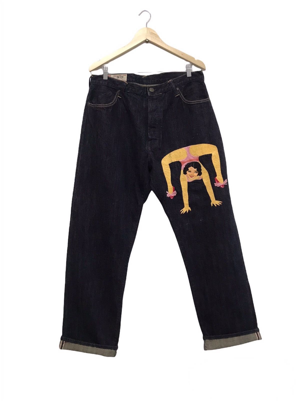 Japanese Brand Vtg Yamane Evisu Embroidery Abstract Gymnastik Dancer Denim Size US 36 / EU 52 - 1 Thumbnail