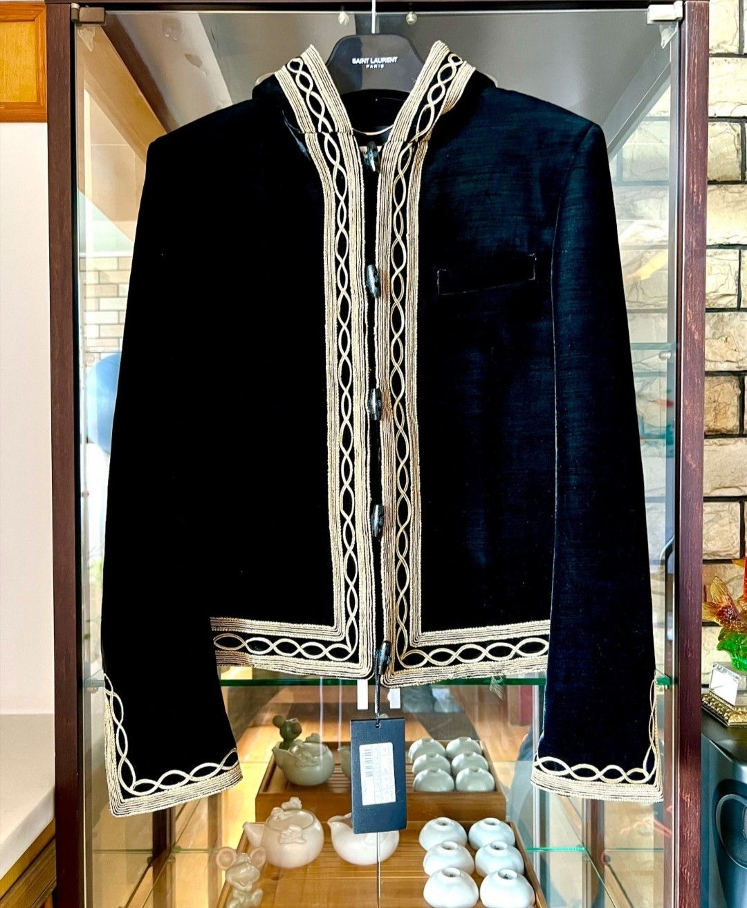 Pre-owned Saint Laurent Black Velvet Gold Cord Knit Hooded Jacket In Black Gold