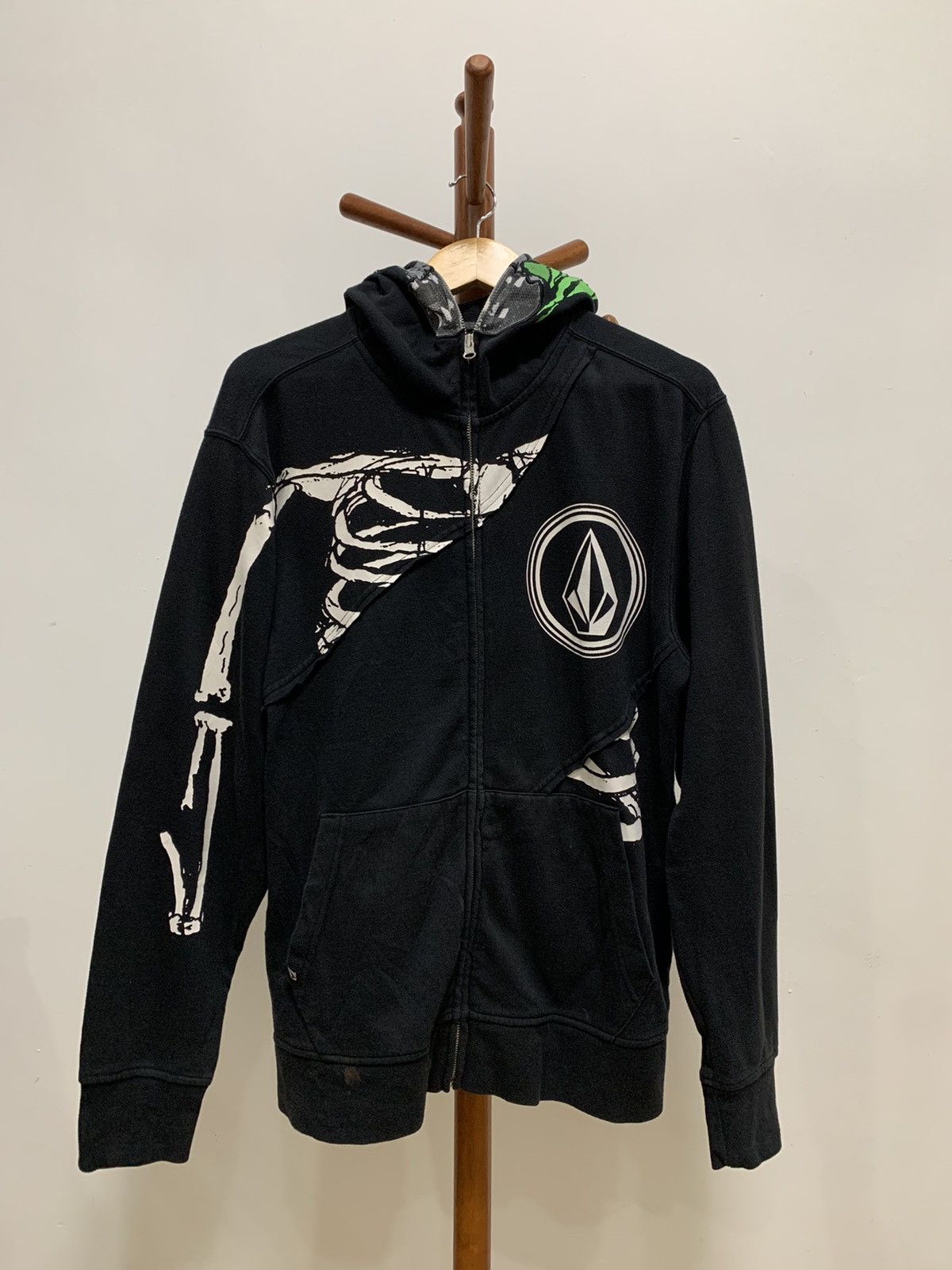 image of Skulls x Volcom Skeleton Full Zipper Hoodie in Black, Men's (Size Medium)