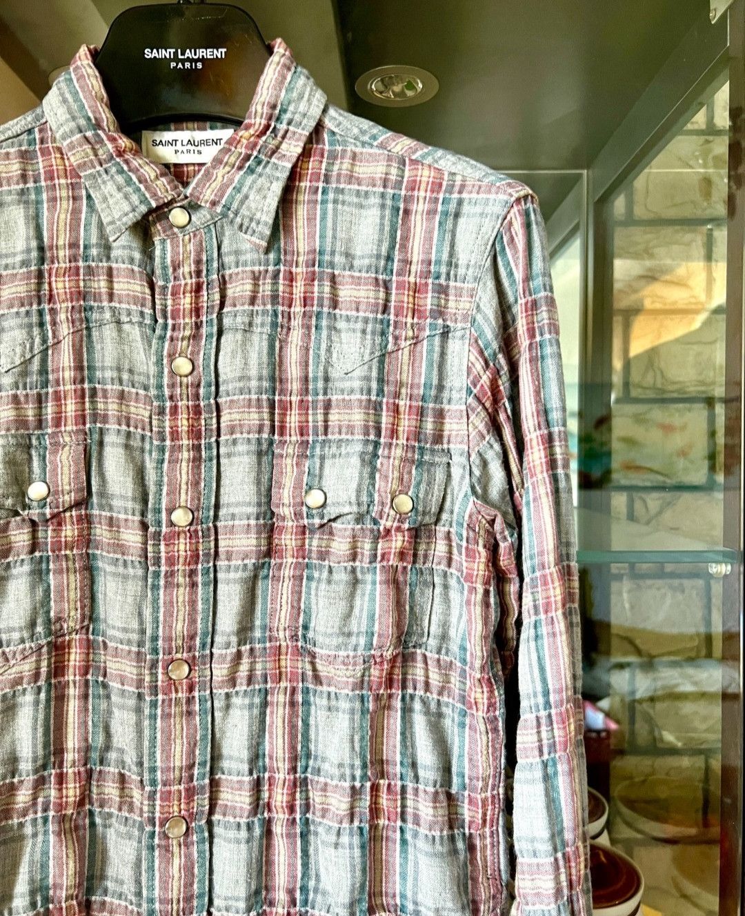 saint laurent Pink and Teal Plaid Gradient Pleated Shirt