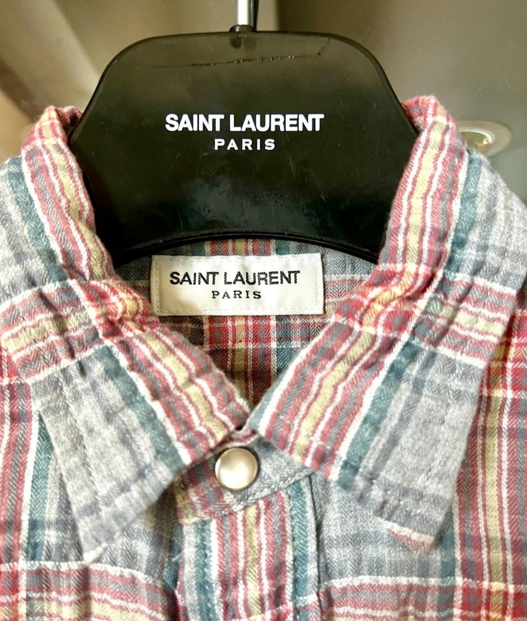 saint laurent Pink and Teal Plaid Gradient Pleated Shirt