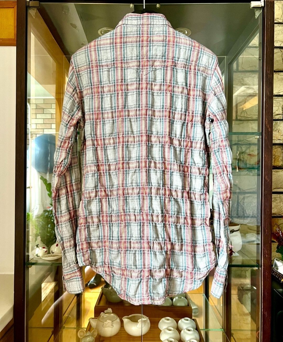 saint laurent Pink and Teal Plaid Gradient Pleated Shirt