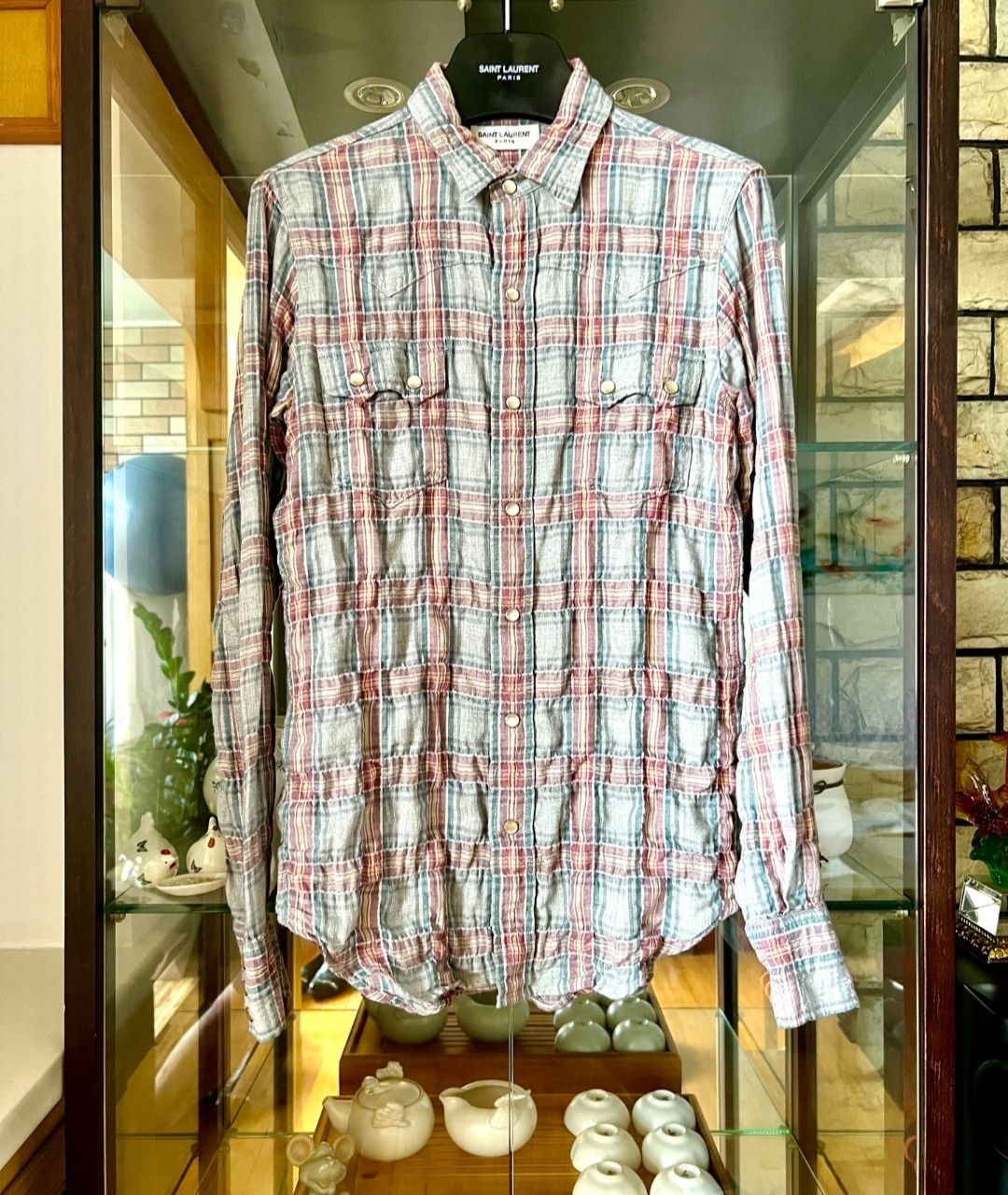 saint laurent Pink and Teal Plaid Gradient Pleated Shirt