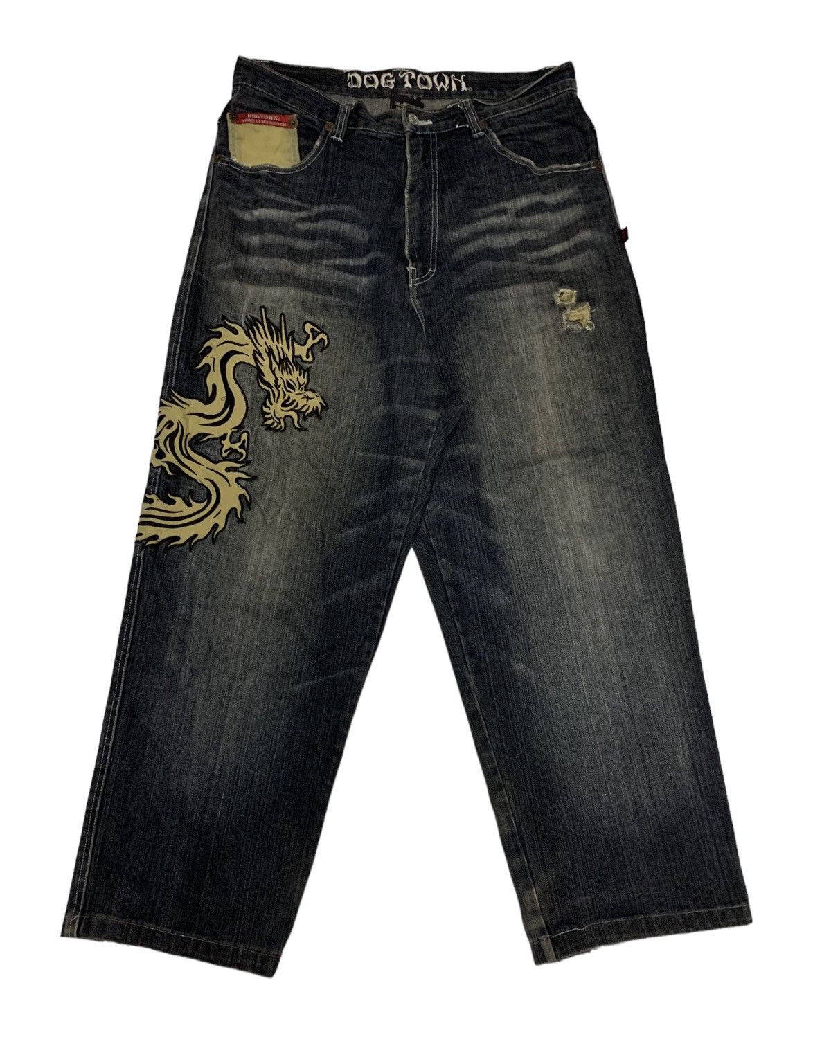 image of Dogtown Dog Town Dragon Embroidery Flared Baggy Pants in Blue, Men's (Size 34)