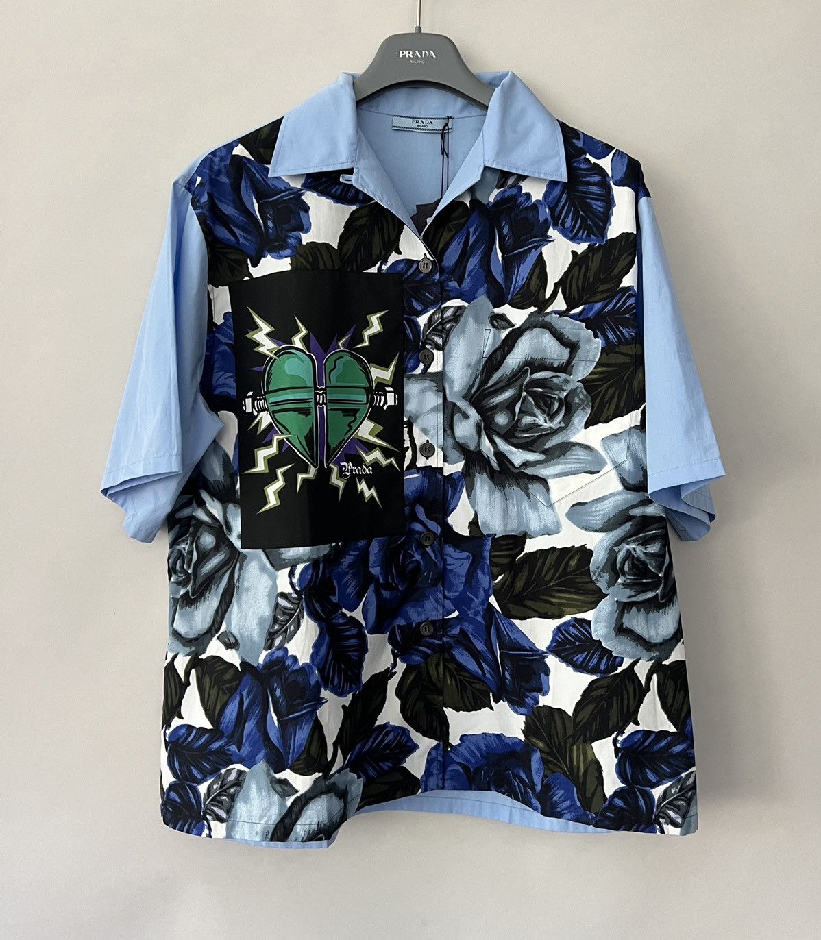 image of Prada Rose Print Shirt in Blue, Men's (Size Large)