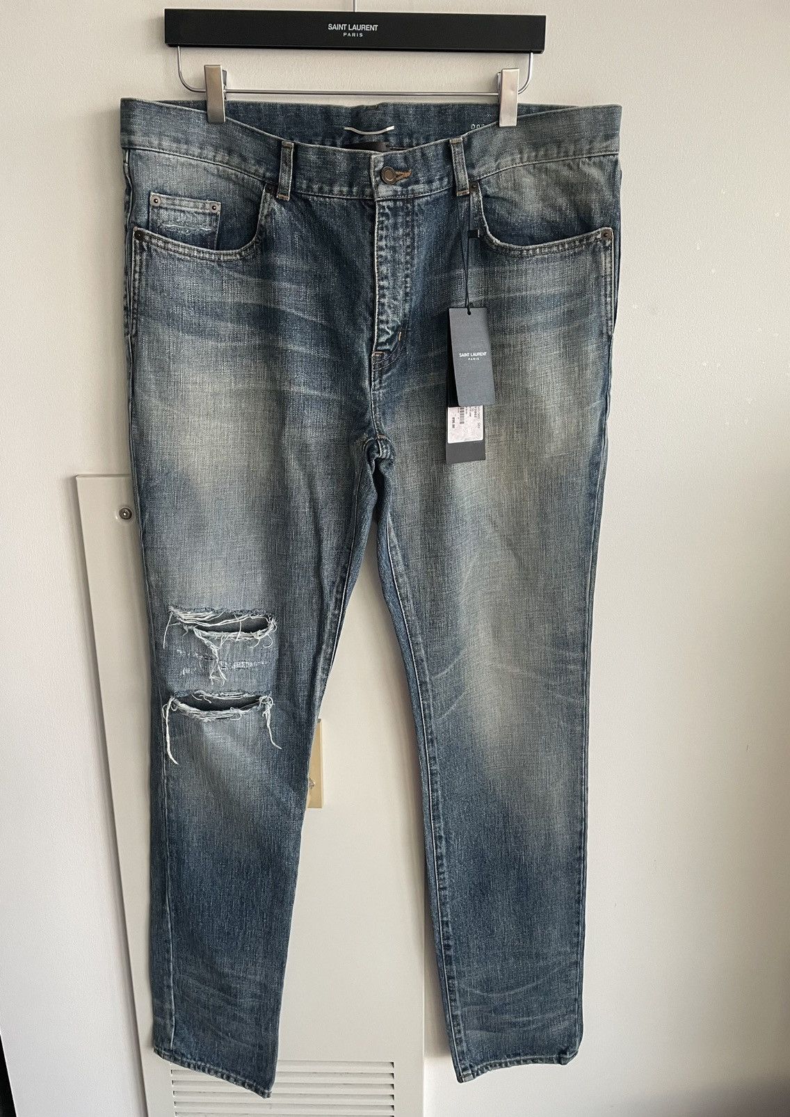 Hedi Slimane × Saint Laurent Paris × Yves Saint Laurent Rare Super Runway Brand New Skinny Trash Ripped Denim Jeans Size US 35 - 18 Thumbnail