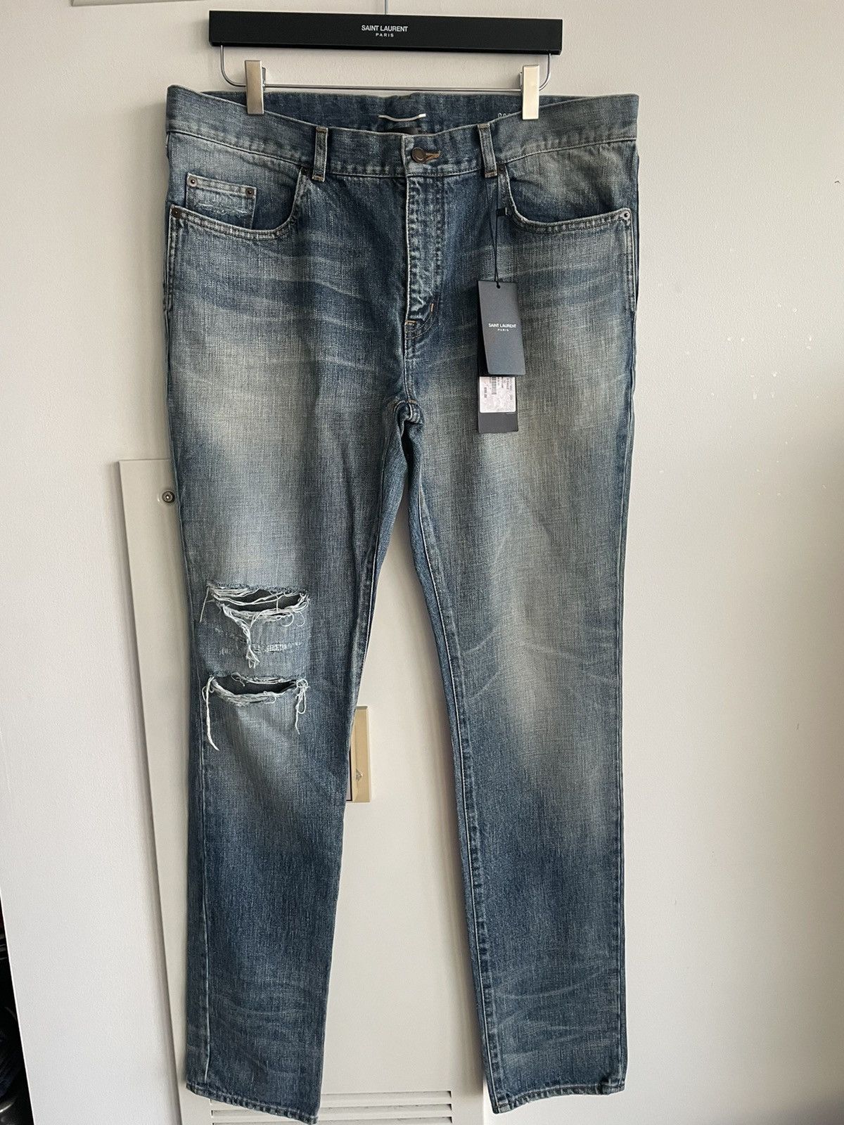 Hedi Slimane × Saint Laurent Paris × Yves Saint Laurent Rare Super Runway Brand New Skinny Trash Ripped Denim Jeans Size US 35 - 2 Thumbnail