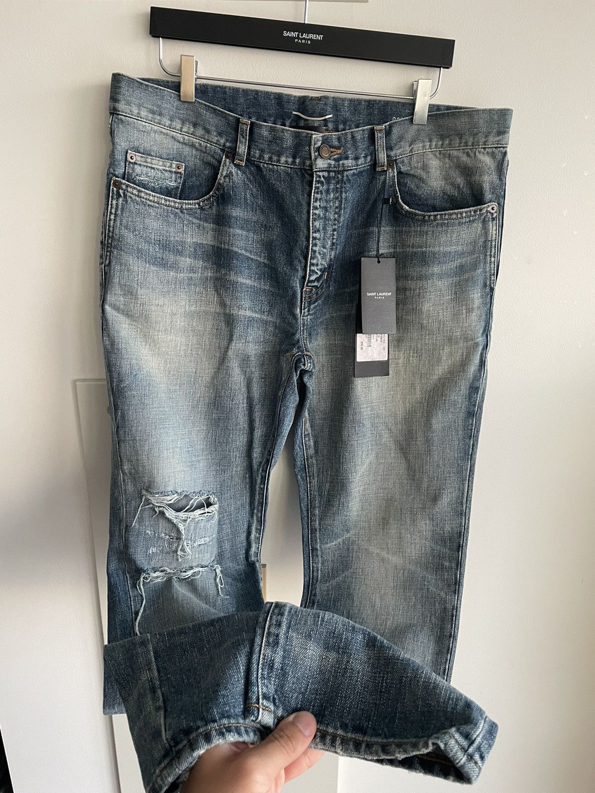 Hedi Slimane × Saint Laurent Paris × Yves Saint Laurent Rare Super Runway Brand New Skinny Trash Ripped Denim Jeans Size US 35 - 4 Thumbnail