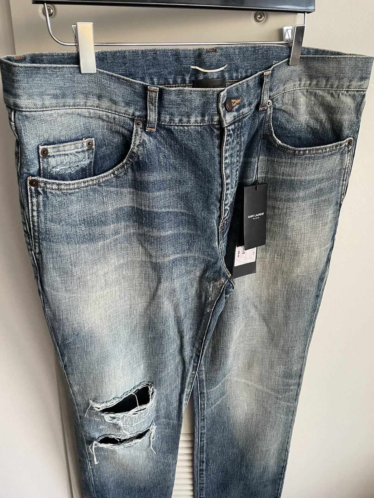 Hedi Slimane × Saint Laurent Paris × Yves Saint Laurent Rare Super Runway Brand New Skinny Trash Ripped Denim Jeans Size US 35 - 17 Thumbnail